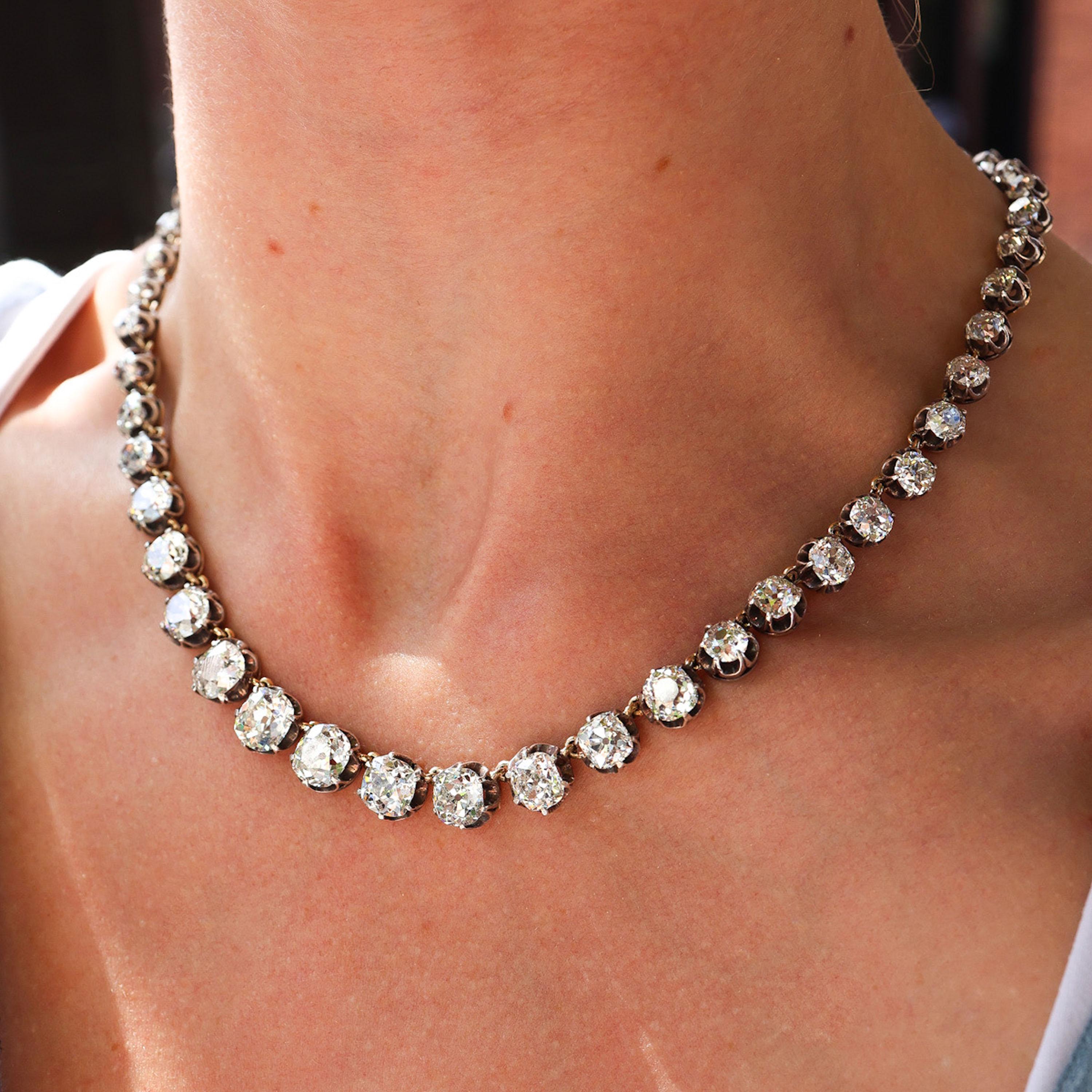 Old European Cut Antique Diamond and Silver Upon Gold Riviére Necklace, 40.00 Carats, Circa 1880 For Sale