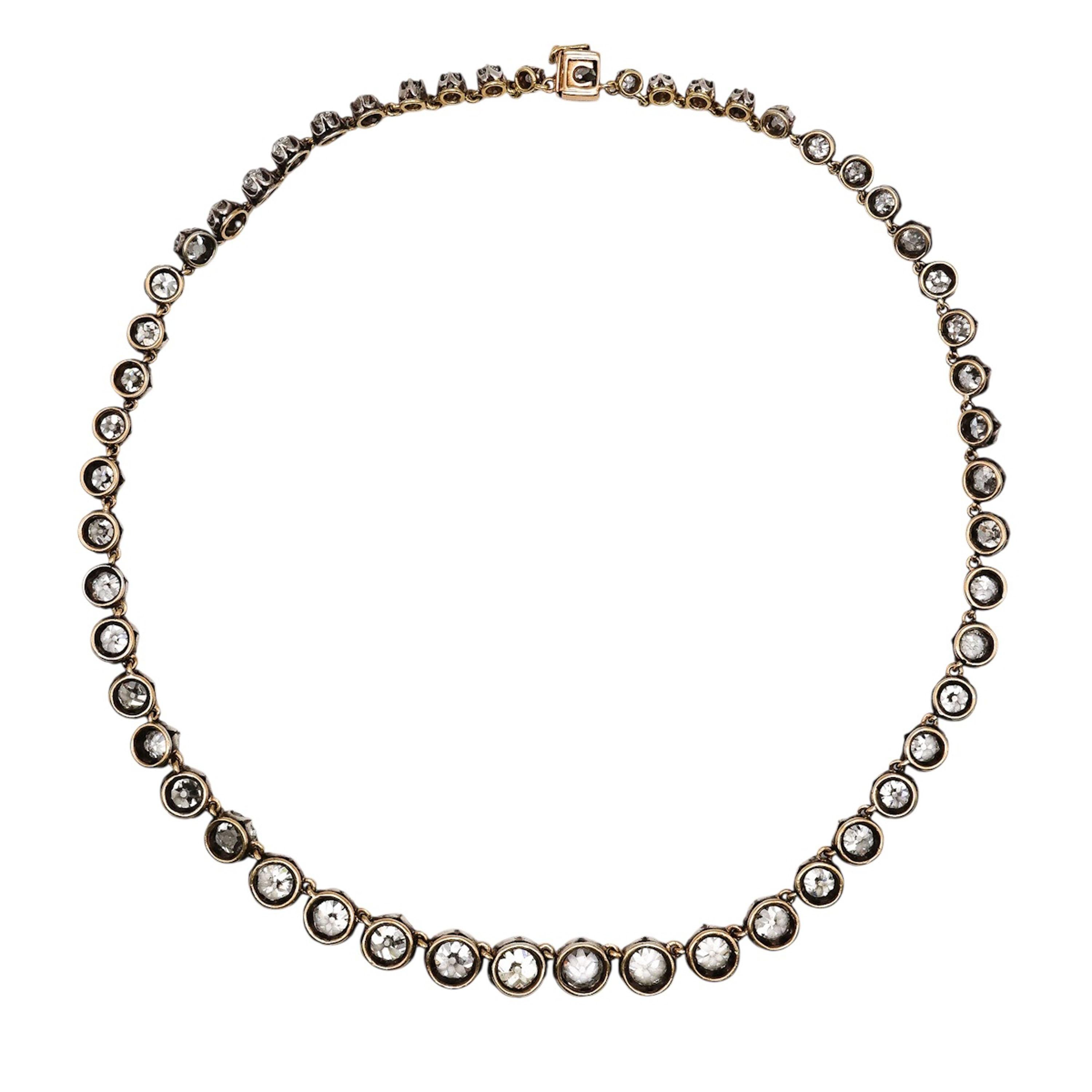 Antique Diamond and Silver Upon Gold Riviére Necklace, 40.00 Carats, Circa 1880 In Good Condition For Sale In London, GB