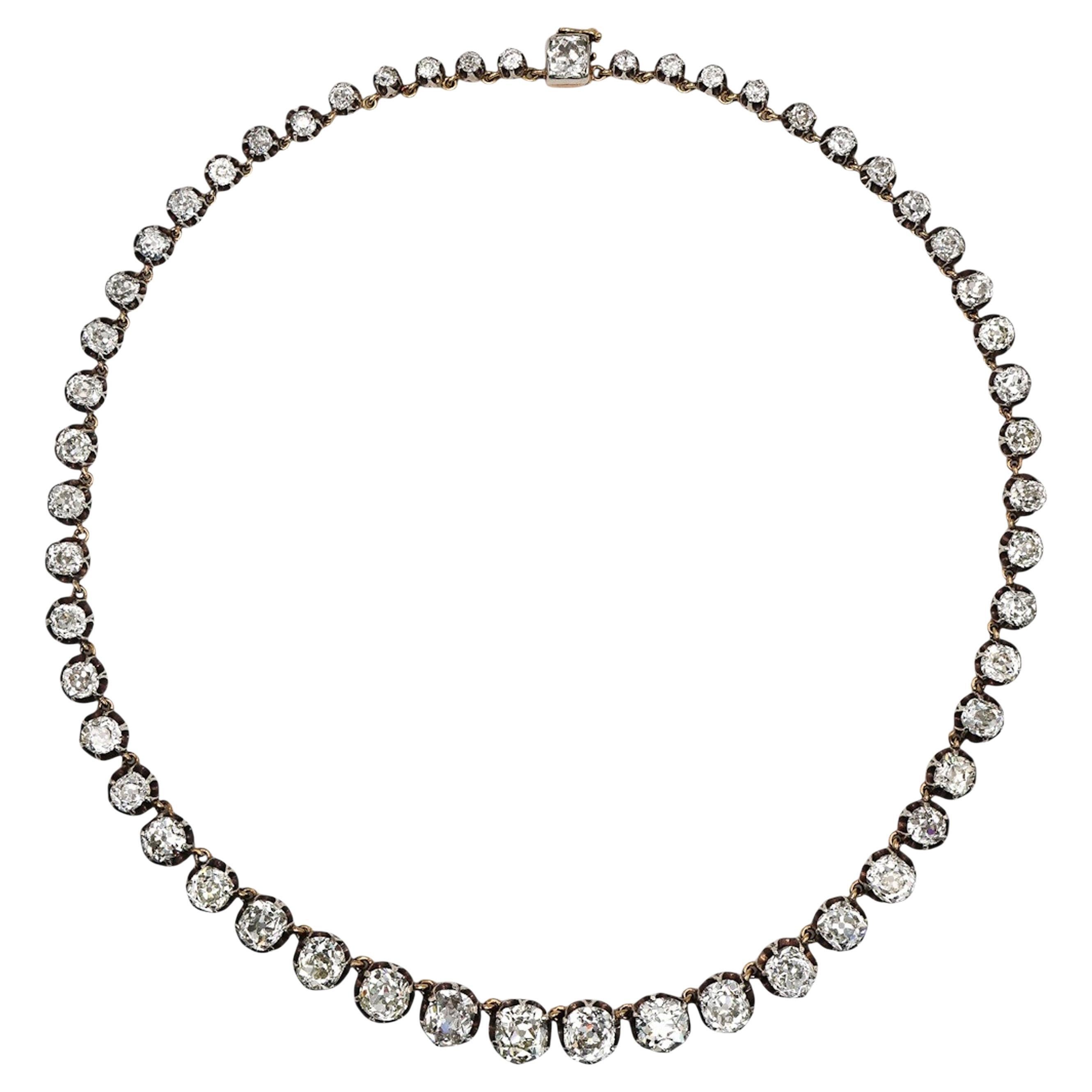 Antique Diamond and Silver Upon Gold Riviére Necklace, 40.00 Carats, Circa 1880