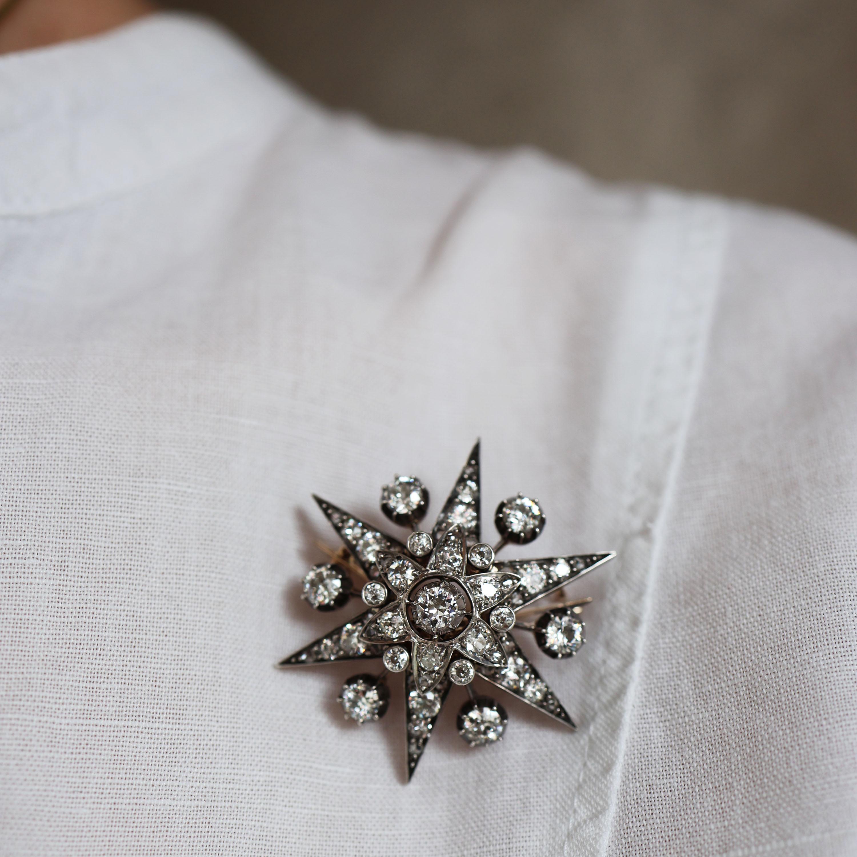 Women's or Men's Antique Diamond and Silver Upon Gold Six Point Star Brooch and Hair Pin, With Ra For Sale