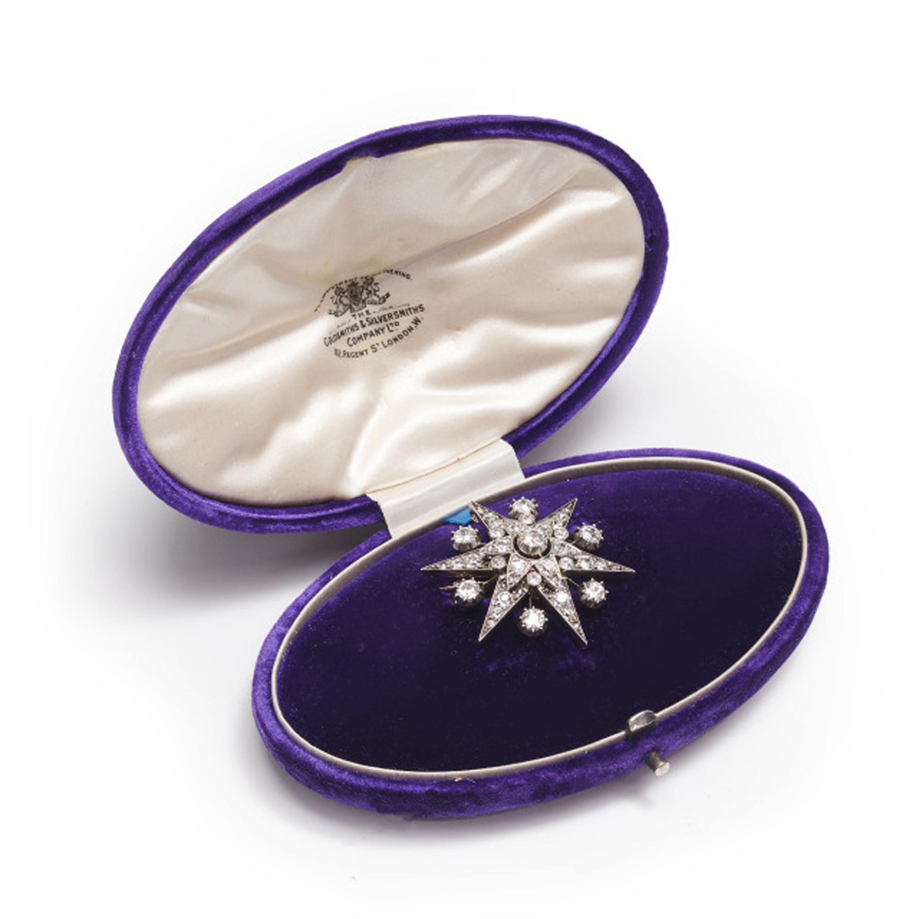 Old European Cut Antique Diamond and Silver Upon Gold Six Point Star Brooch and Hair Pin, With Ra For Sale