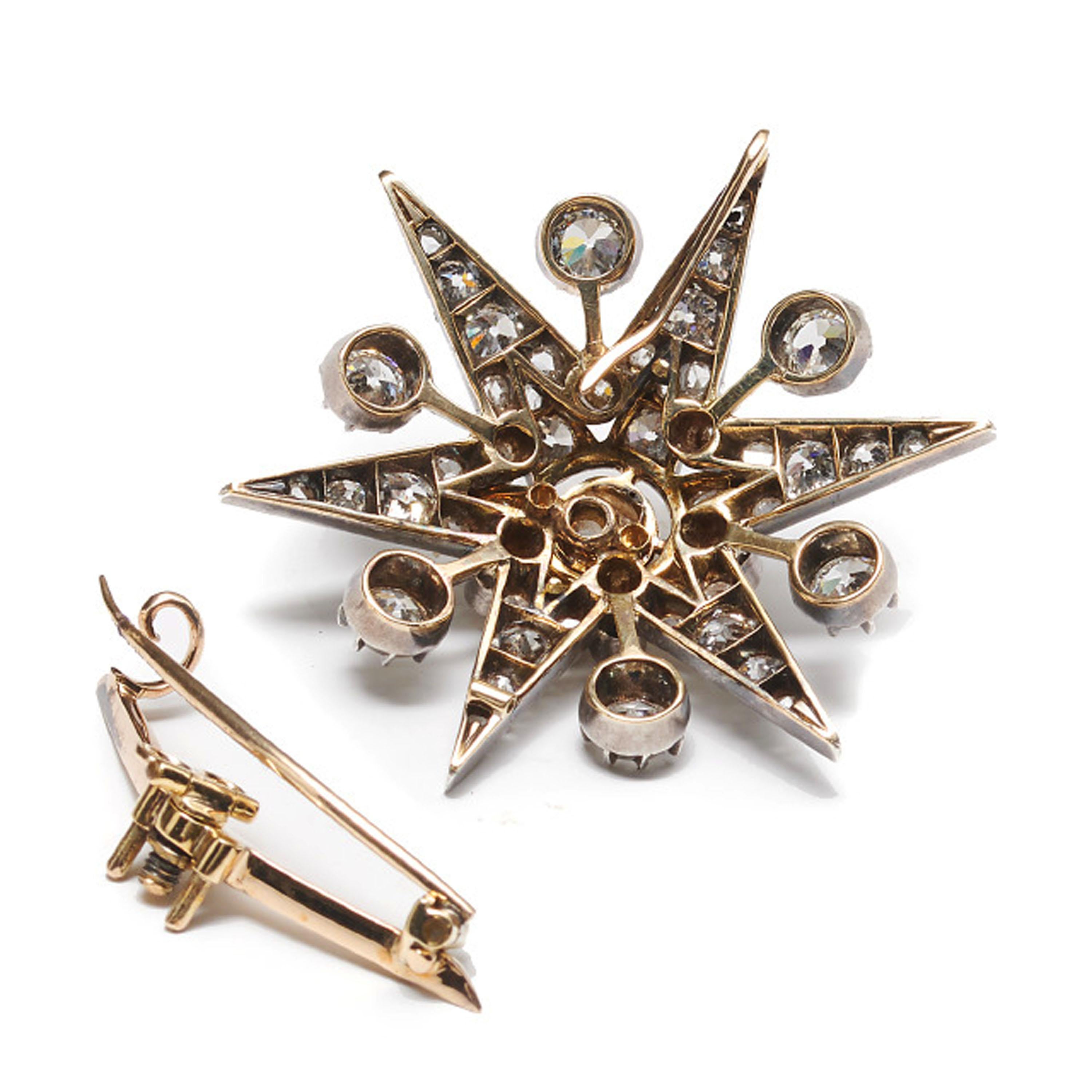 Antique Diamond and Silver Upon Gold Six Point Star Brooch and Hair Pin, With Ra In Good Condition For Sale In London, GB