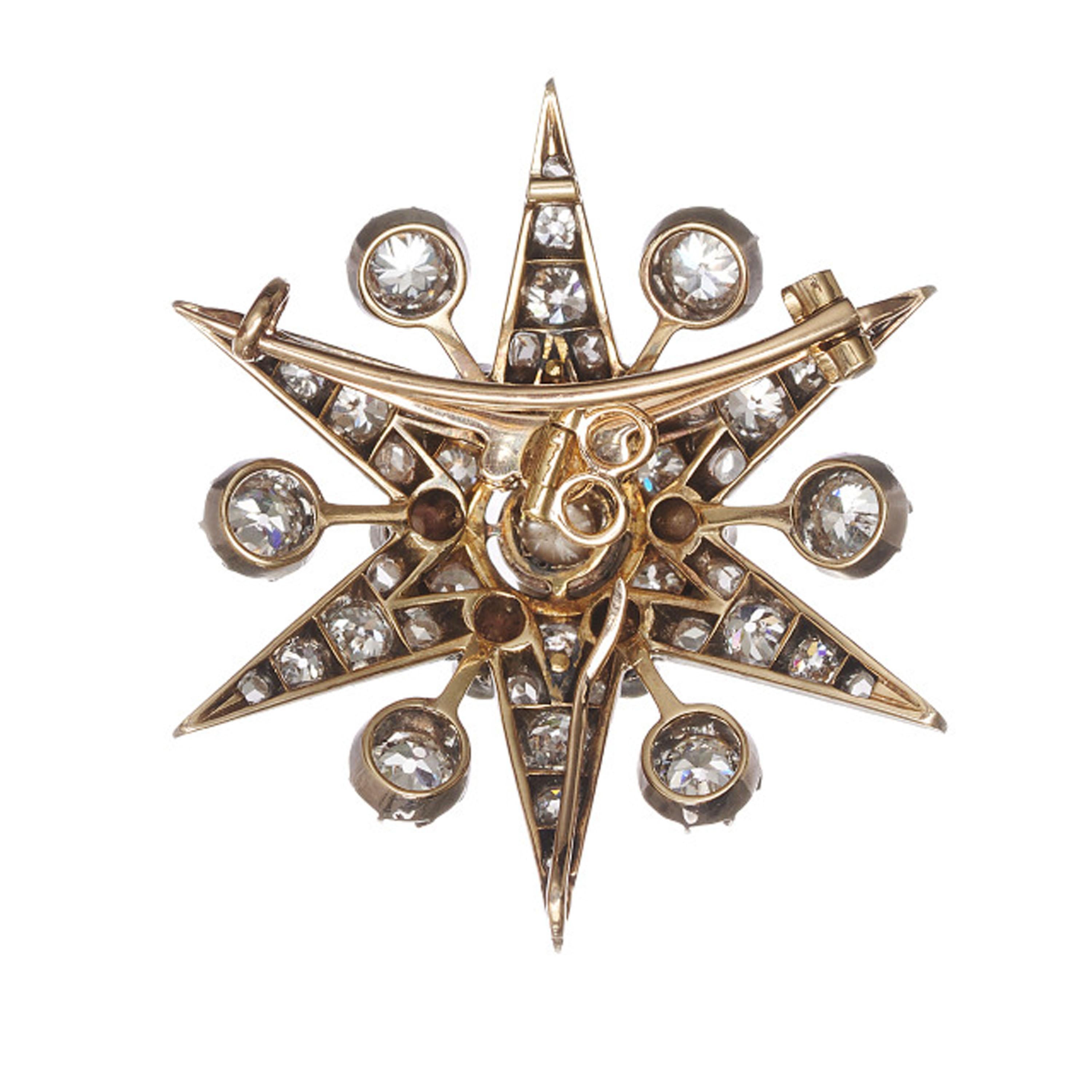 Antique Diamond and Silver Upon Gold Six Point Star Brooch and Hair Pin, With Ra For Sale 2
