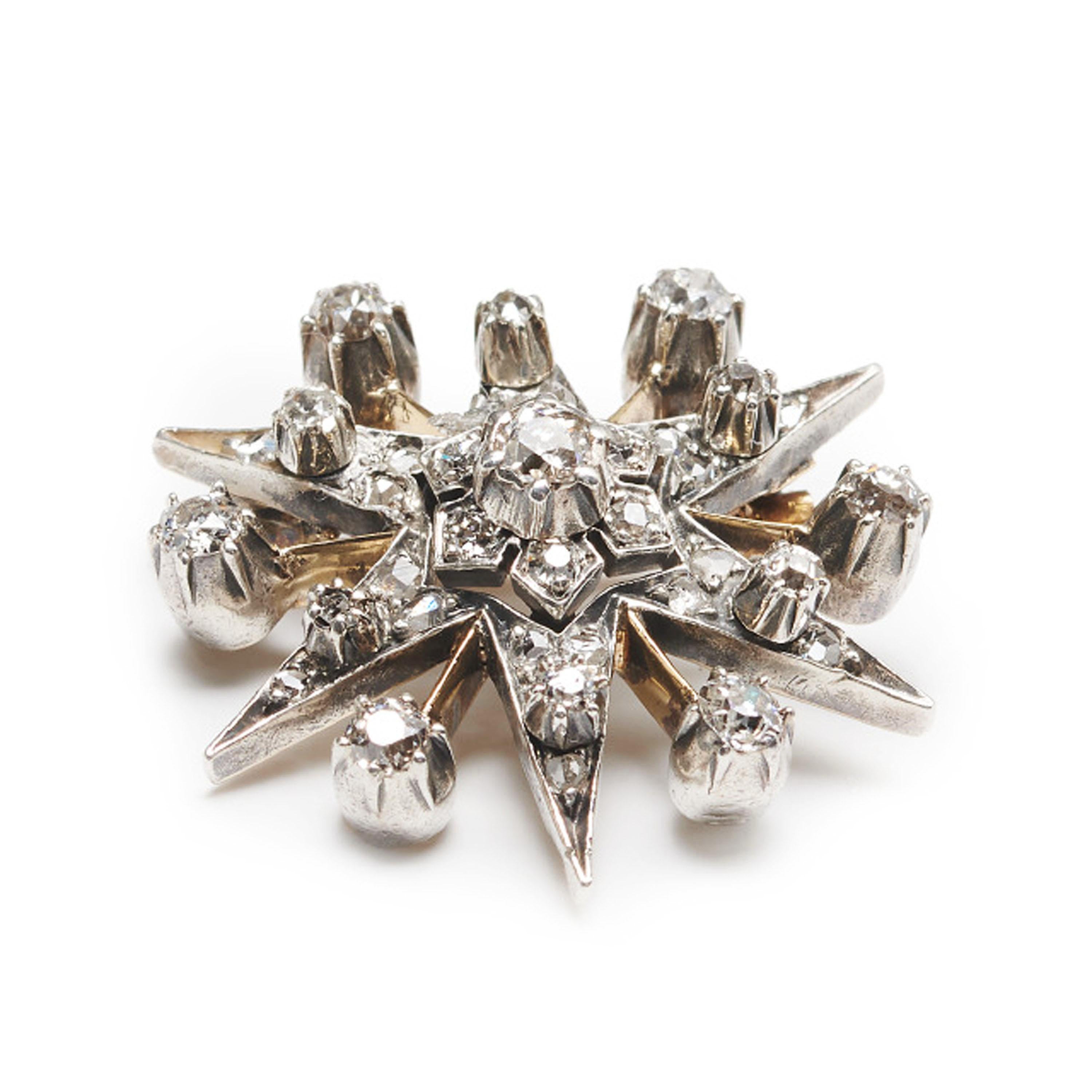 Late Victorian Antique Diamond and Silver Upon Gold Six Point Star Brooch, With Rays, c 1890