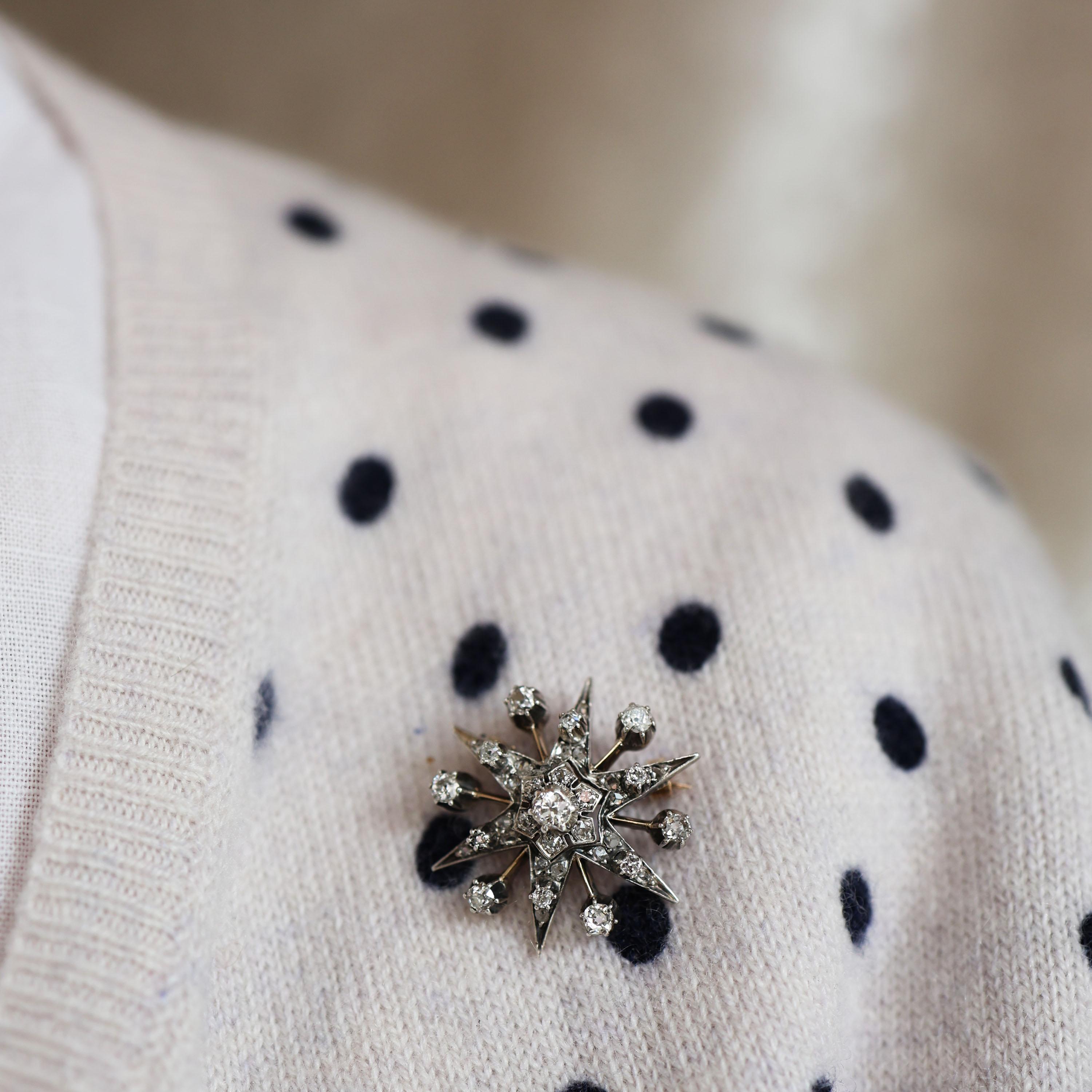 Old European Cut Antique Diamond and Silver Upon Gold Six Point Star Brooch, With Rays, c 1890