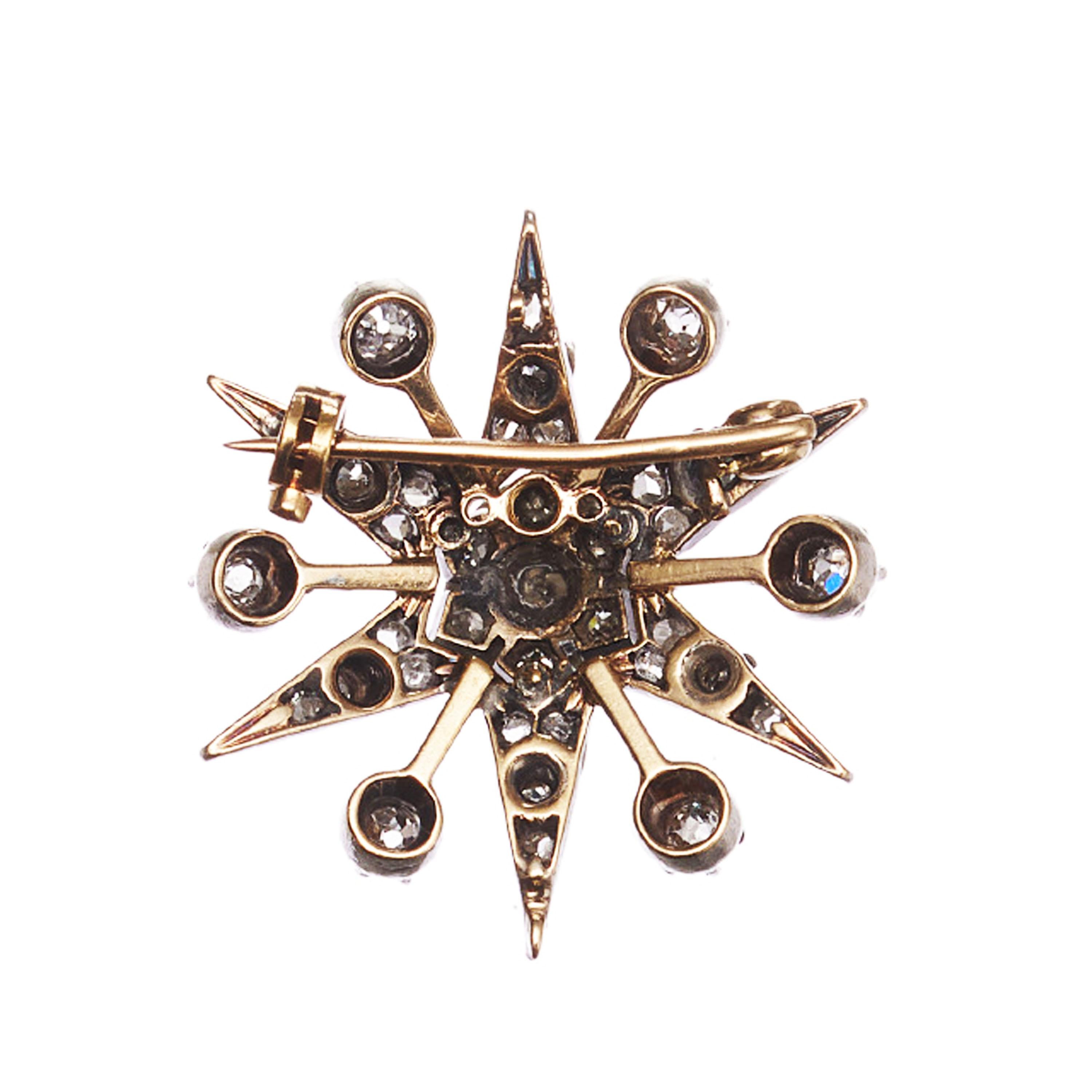 Antique Diamond and Silver Upon Gold Six Point Star Brooch, With Rays, c 1890 In Good Condition In London, GB