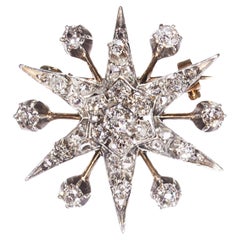 Antique Diamond and Silver Upon Gold Six Point Star Brooch, With Rays, c 1890