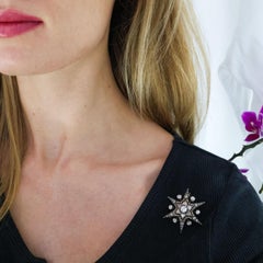Antique Diamond and Silver Upon Gold Six Point Star Brooch, With Rays Circa 1890