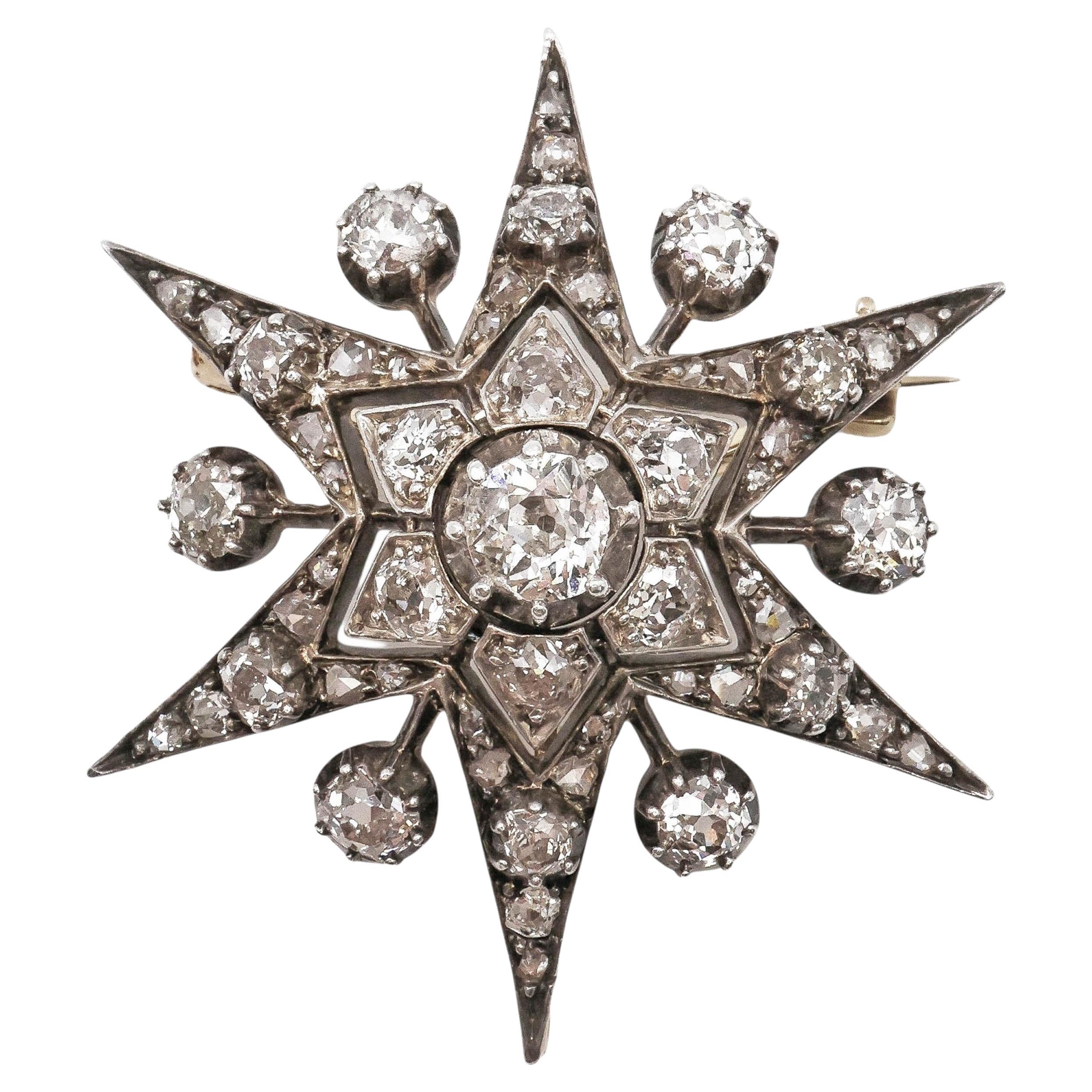 Antique Diamond and Silver Upon Gold Six Point Star Brooch, With Rays Circa 1890