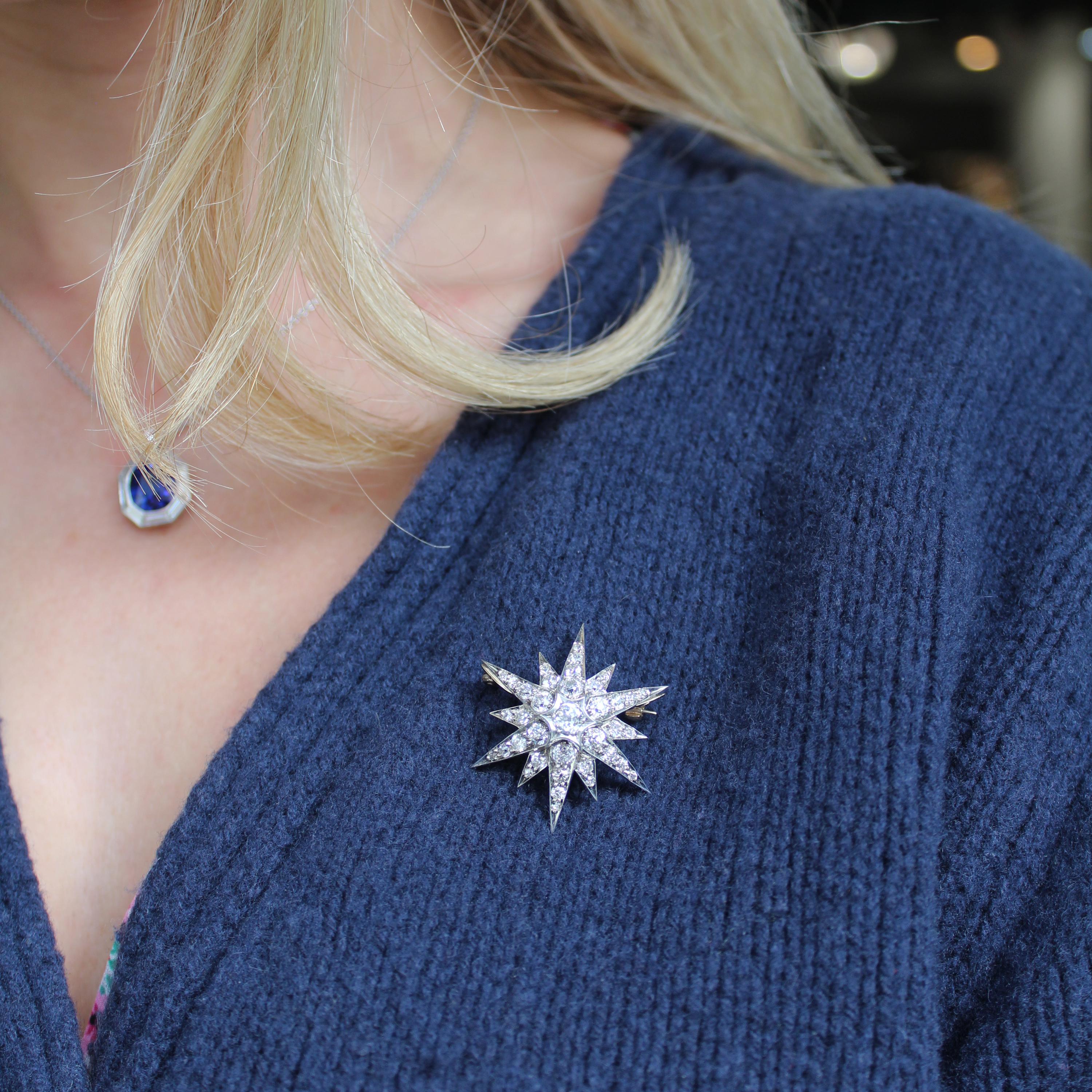 A Victorian diamond star brooch, with twelve points, set with old-cut diamonds, in grain settings, with an old-cut diamond, in the centre, in a raised, star shaped setting, with the longer points superimposed on the shorter points, mounted in