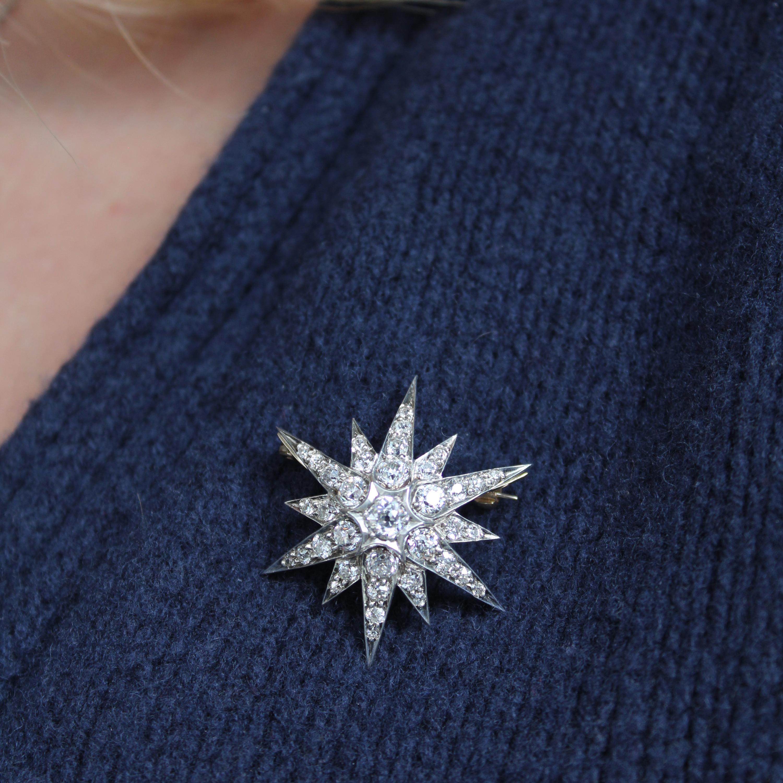 Old European Cut Antique Diamond and Silver Upon Gold Star Brooch, Circa 1890