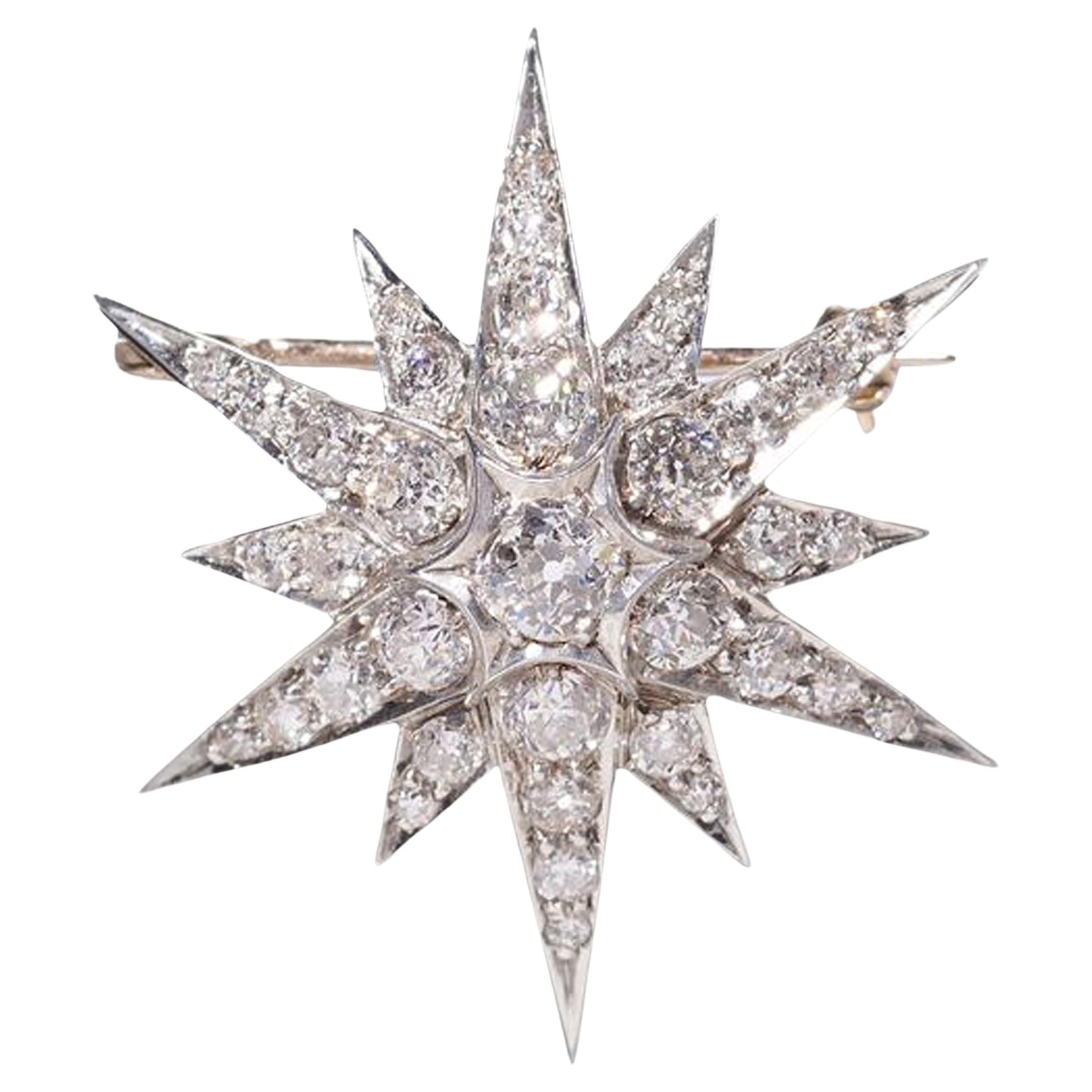 Antique Diamond and Silver Upon Gold Star Brooch, Circa 1890 For Sale
