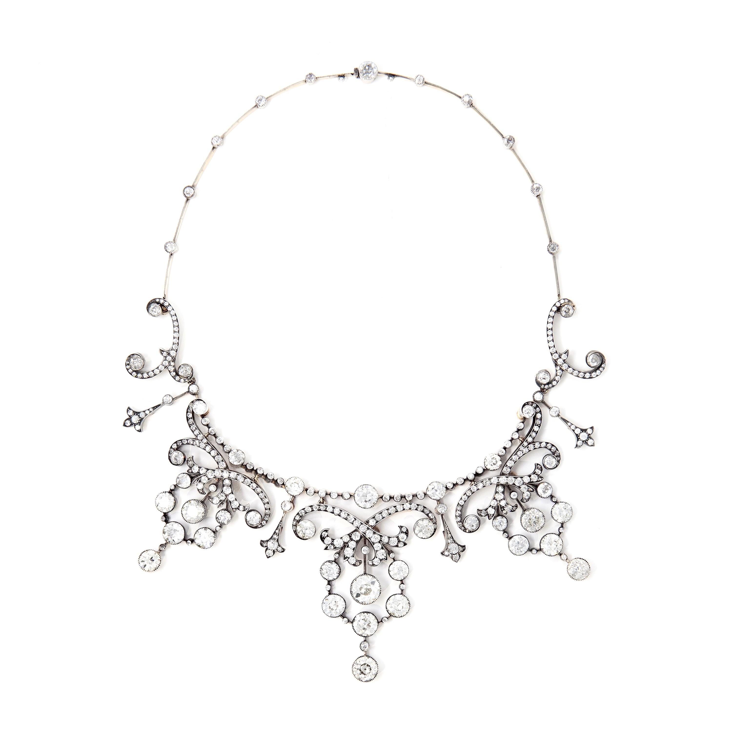 Tardo vittoriano Collana con tiara in argento e diamanti antichi, circa 1900, 45,62 carati in vendita