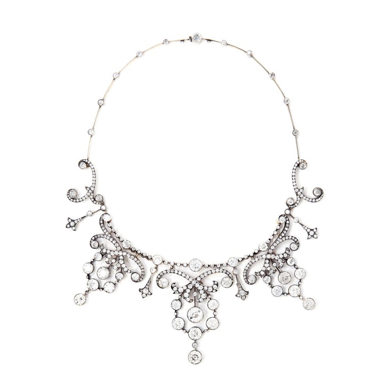 Collier Ancien Argent Massif & Or - Diamant & Perle Baroque XIXe Siècle - Vintage