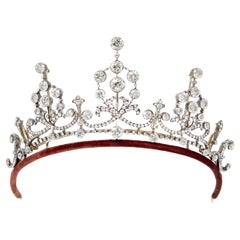 Antique Diamond and Silver Upon Gold Tiara Necklace, Circa 1900, 45.62 Carats