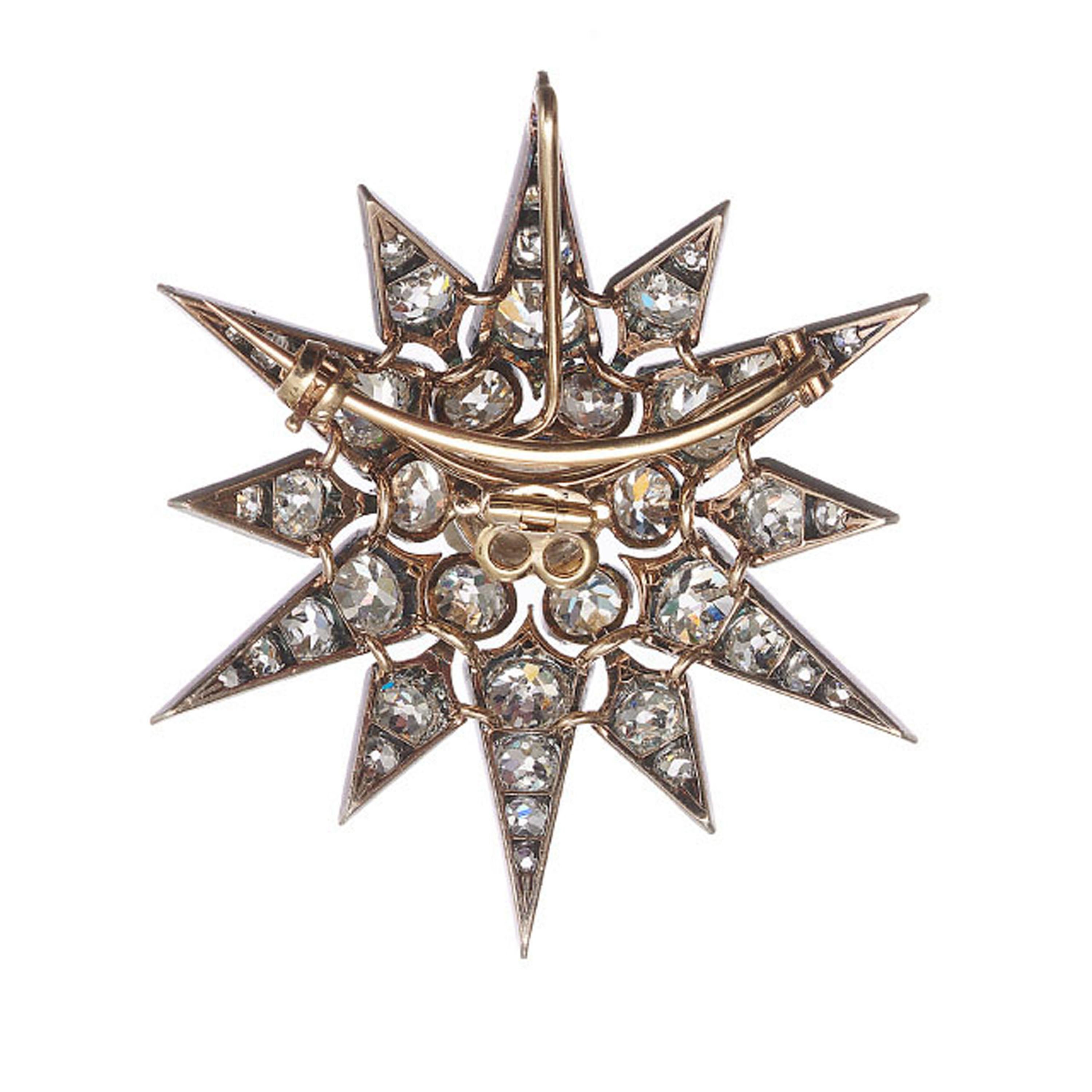 Broche antiguo de diamantes y plata sobre oro con estrella de doce puntas, circa 1880, 11.26 en Bueno estado para la venta en London, GB