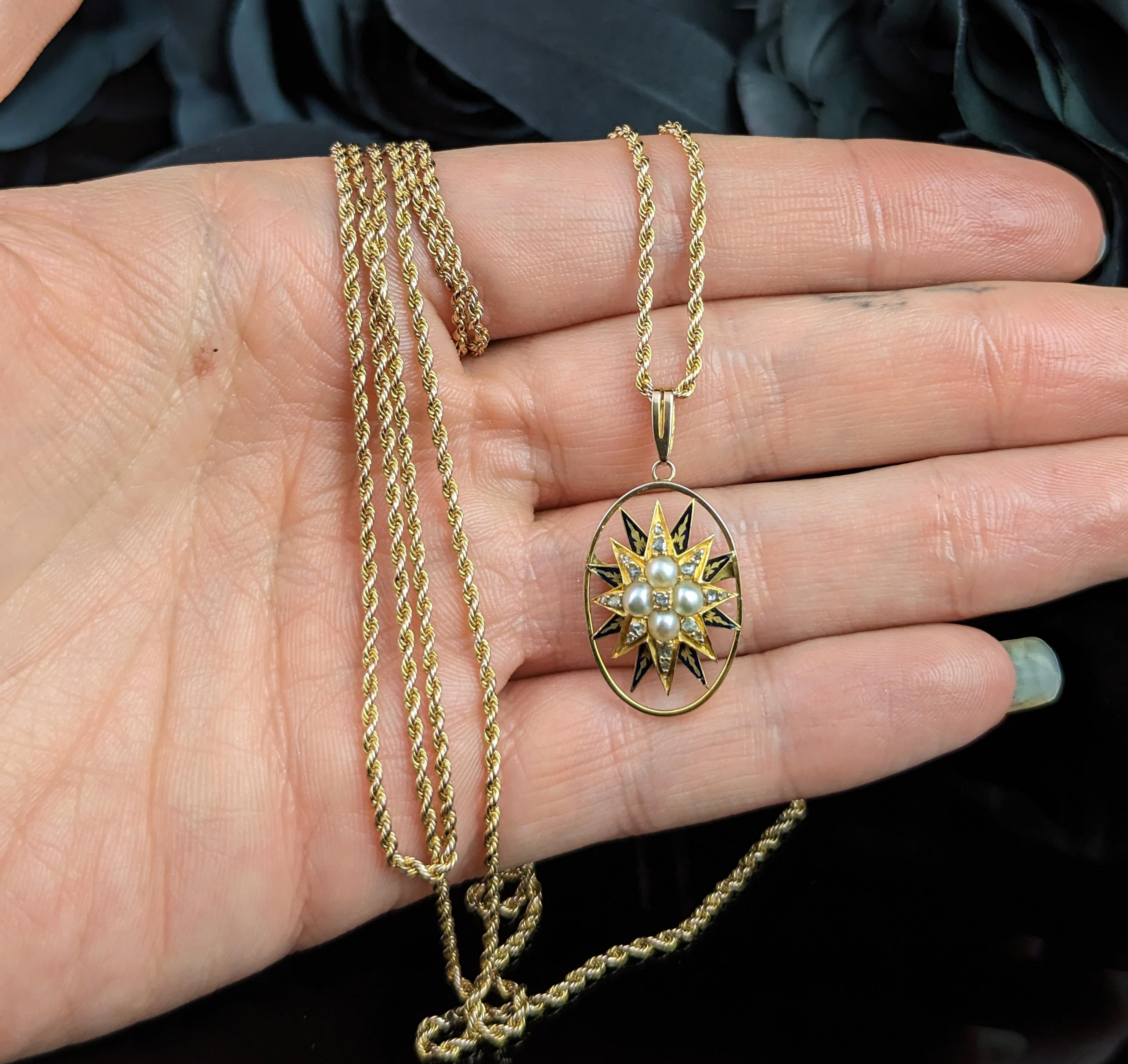 Antique Diamond and Split Pearl Star Pendant, 9k Gold, Blue Enamel For Sale 3