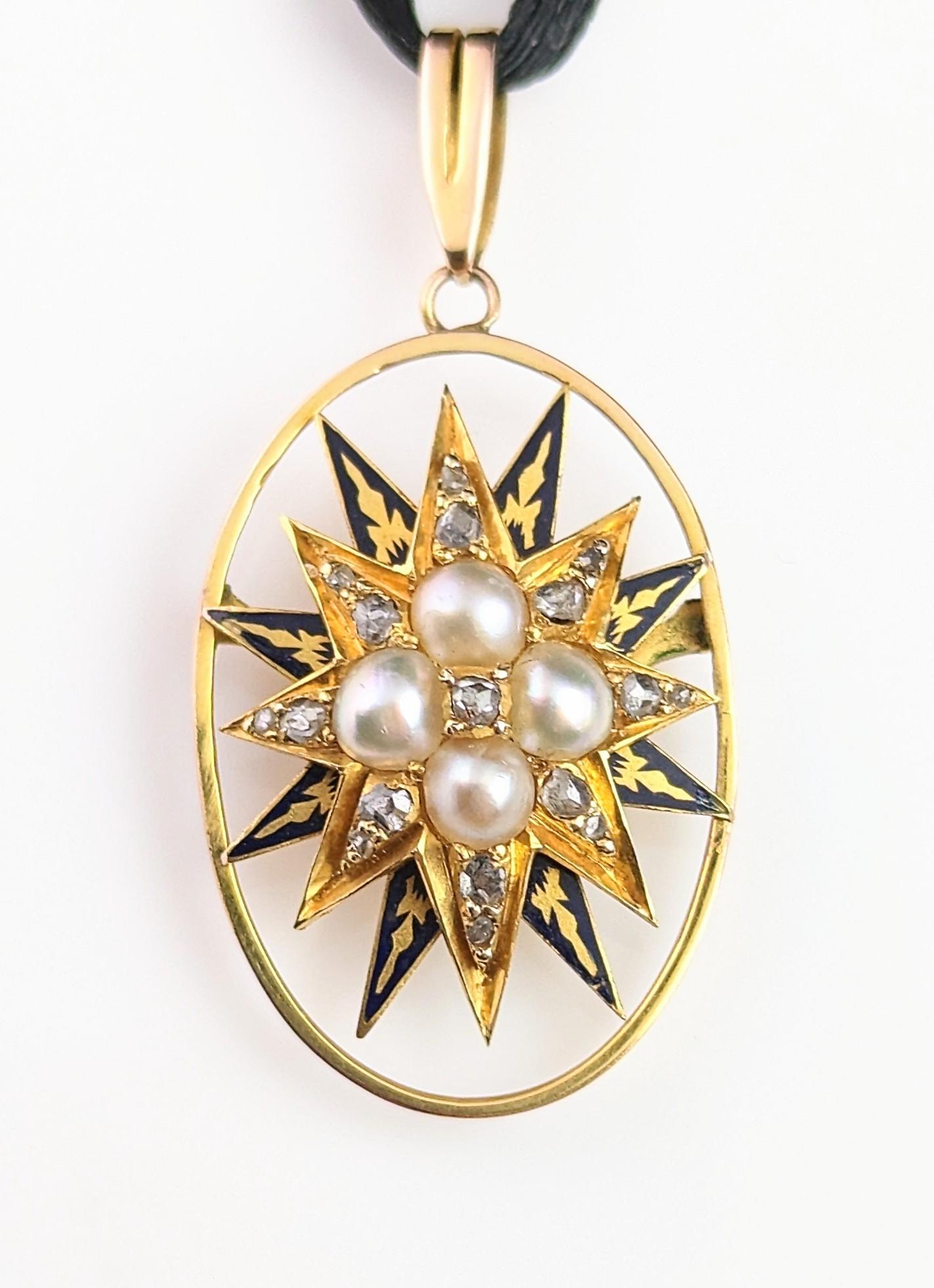 Pendentif étoile ancienne en or 9 carats, diamants et perles fendues, émail bleu  en vente 9