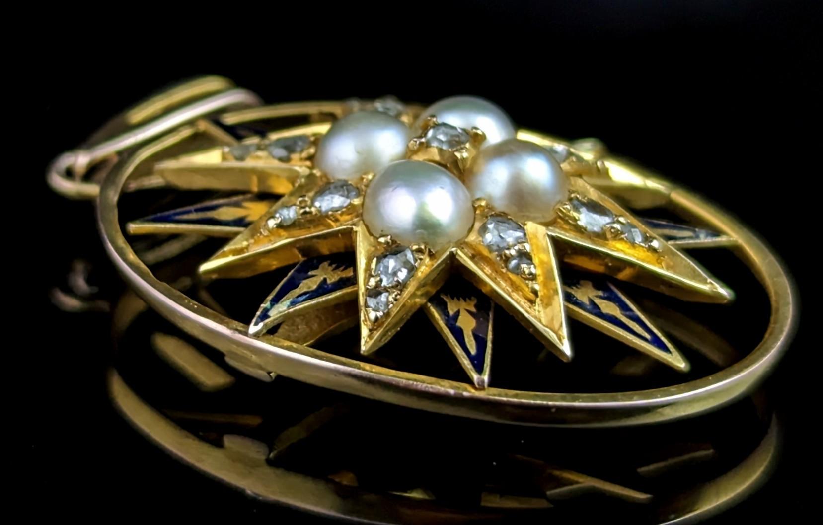 Rose Cut Antique Diamond and Split Pearl Star Pendant, 9k Gold, Blue Enamel For Sale
