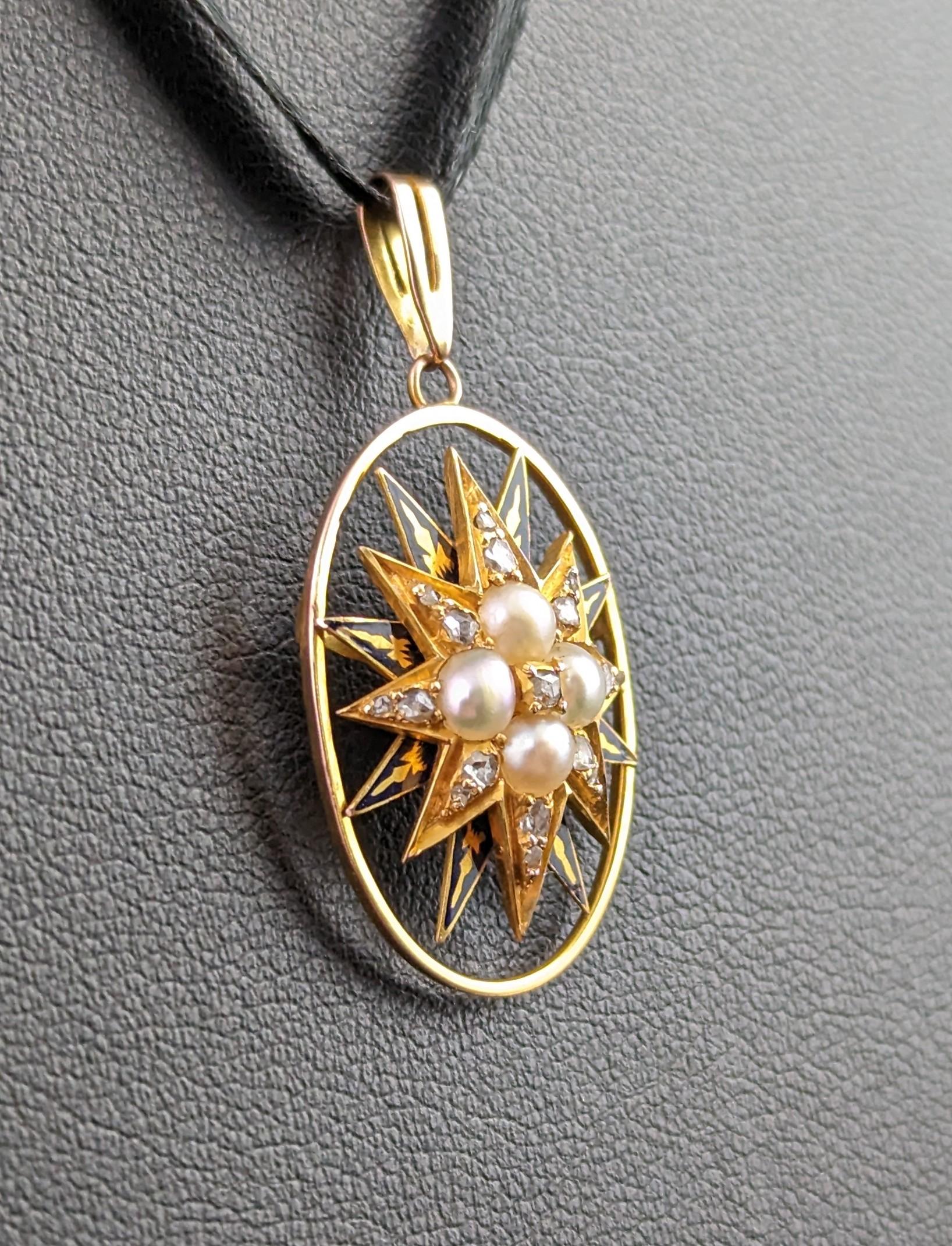 Women's Antique Diamond and Split Pearl Star Pendant, 9k Gold, Blue Enamel For Sale