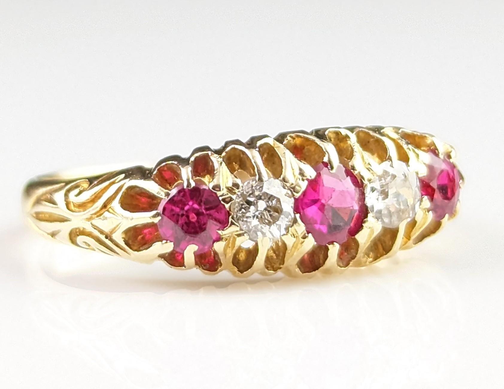 Antique Diamond and Synthetic Pink Sapphire Ring, 18k Gold, Edwardian For Sale 9