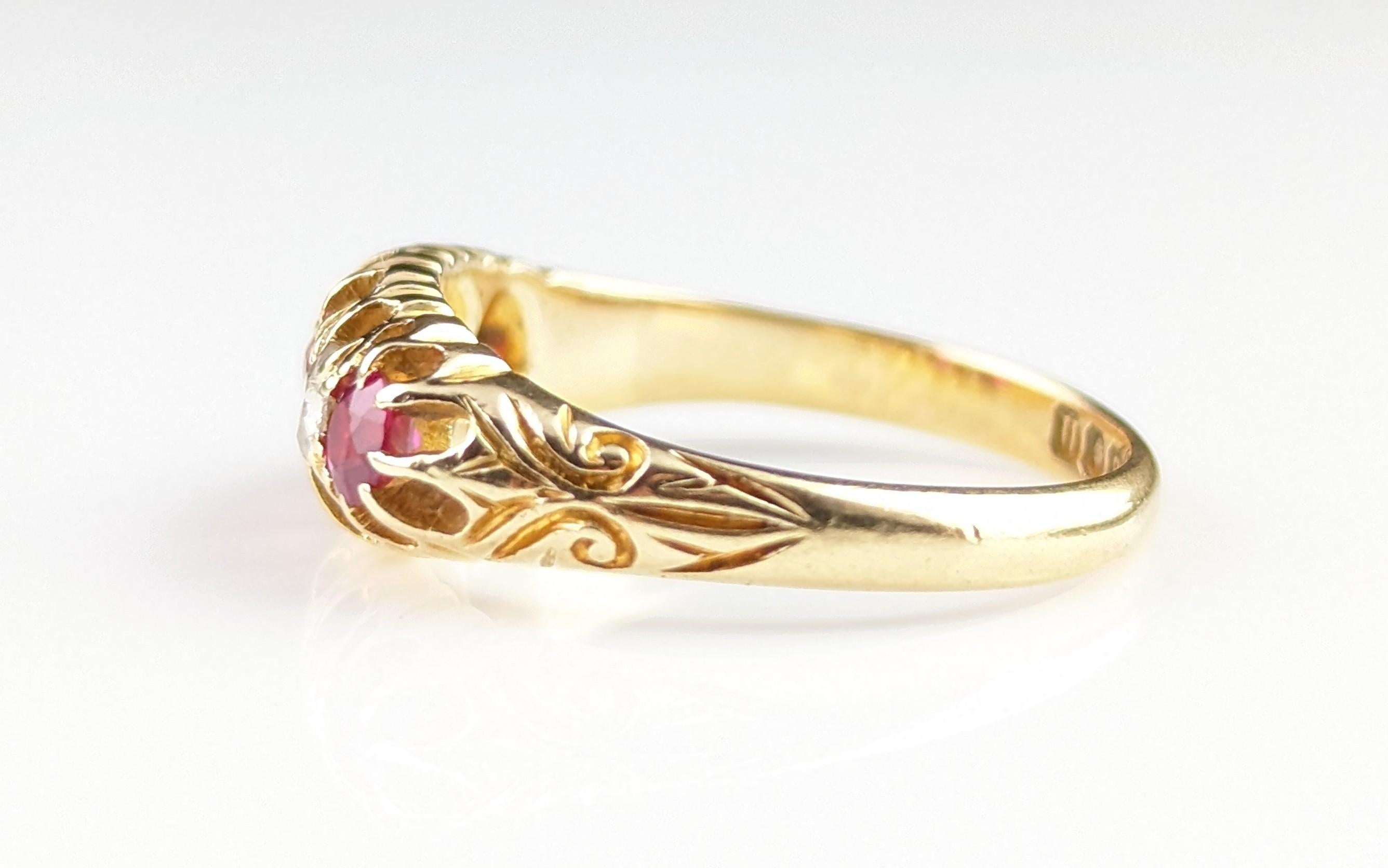 Antique Diamond and Synthetic Pink Sapphire Ring, 18k Gold, Edwardian For Sale 12