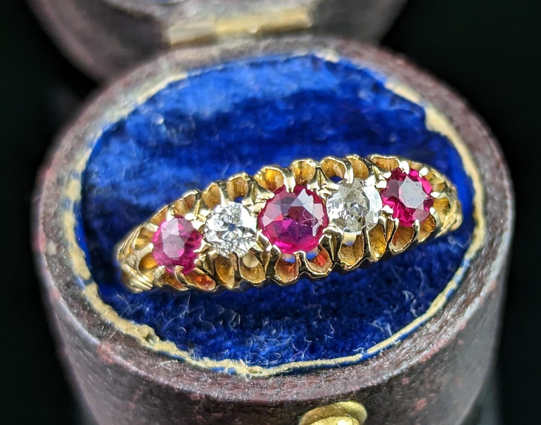 I can't say enough about this stunning antique, Edwardian era, synthetic pink Sapphire and Diamond ring in 18kt yellow gold.

A classic boat head style with a vibrant combination of gemstones that is so feminine and captivating.

This beautiful ring