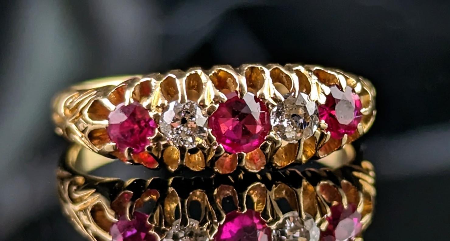 Antique Diamond and Synthetic Pink Sapphire Ring, 18k Gold, Edwardian For Sale 3