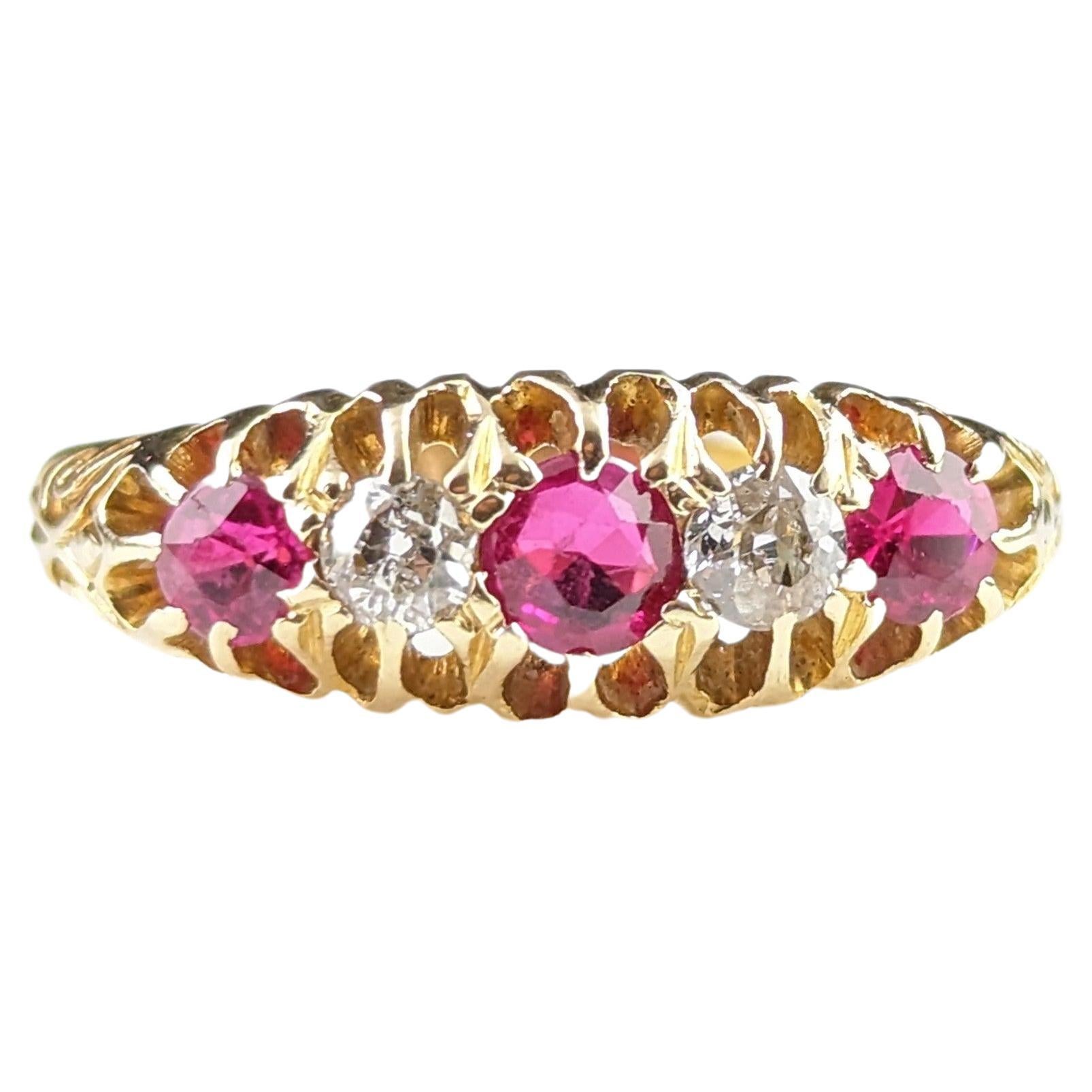 Bague ancienne en or 18 carats avec diamants et saphirs roses synthétiques, style édouardien