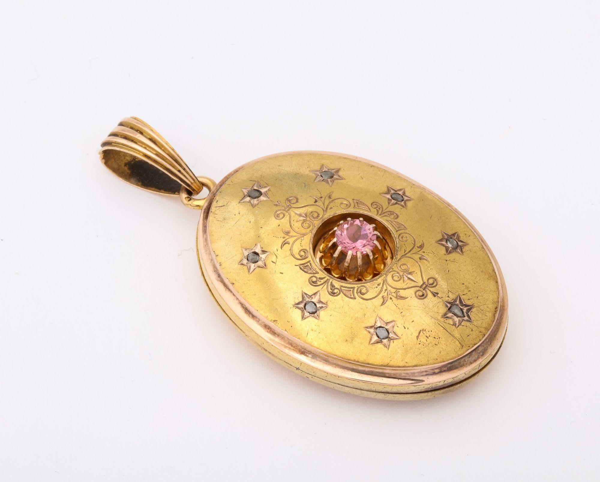 Old Mine Cut 19th C  Gold Locket With Rose Diamond and Pink Tourmaline Viennia For Sale