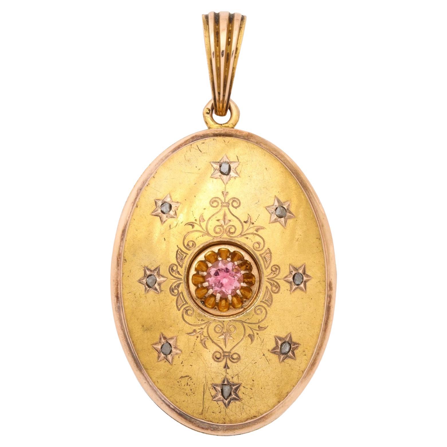 19th C  Gold Locket With Rose Diamond and Pink Tourmaline Viennia