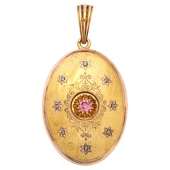 Antique 19th C  Gold Locket With Rose Diamond and Pink Tourmaline Viennia