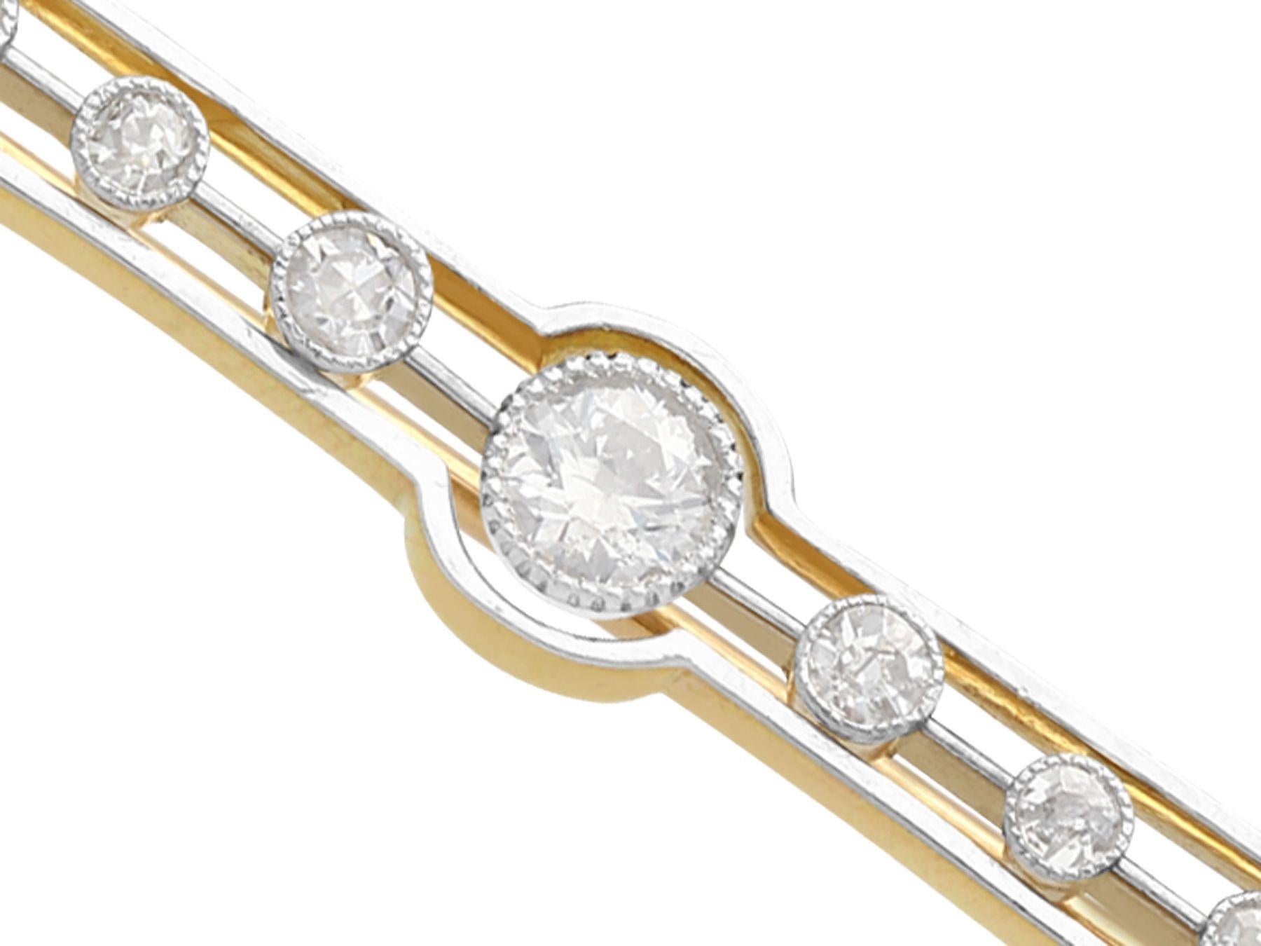A fine and impressive antique 0.77 carat diamond and 18 karat yellow gold, platinum set bar brooch; part of our antique jewelry and estate jewelry collections.

This fine and impressive antique bar brooch has been crafted in 18k yellow gold with a