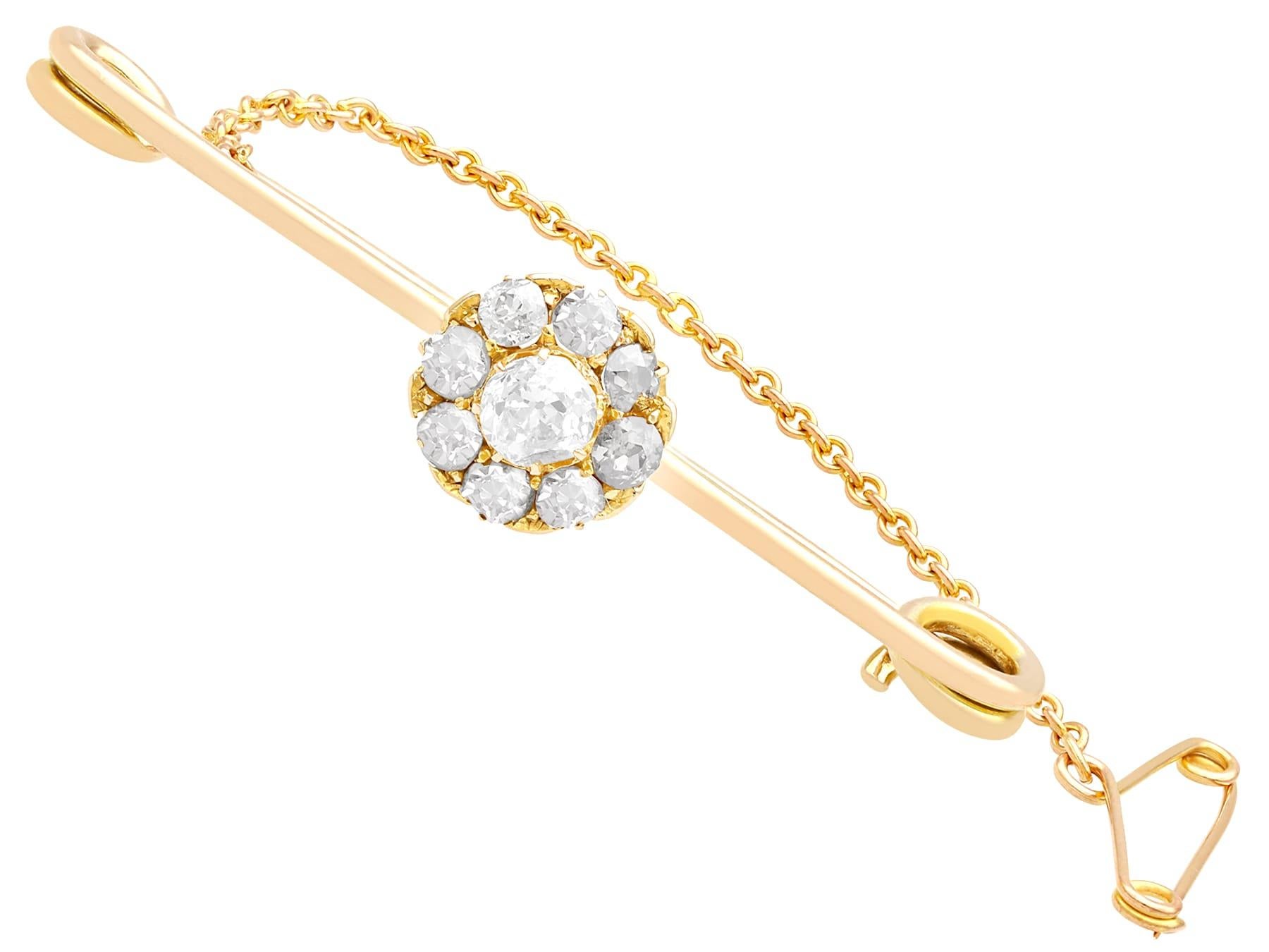 Round Cut Antique Diamond and Yellow Gold Bar Brooch For Sale