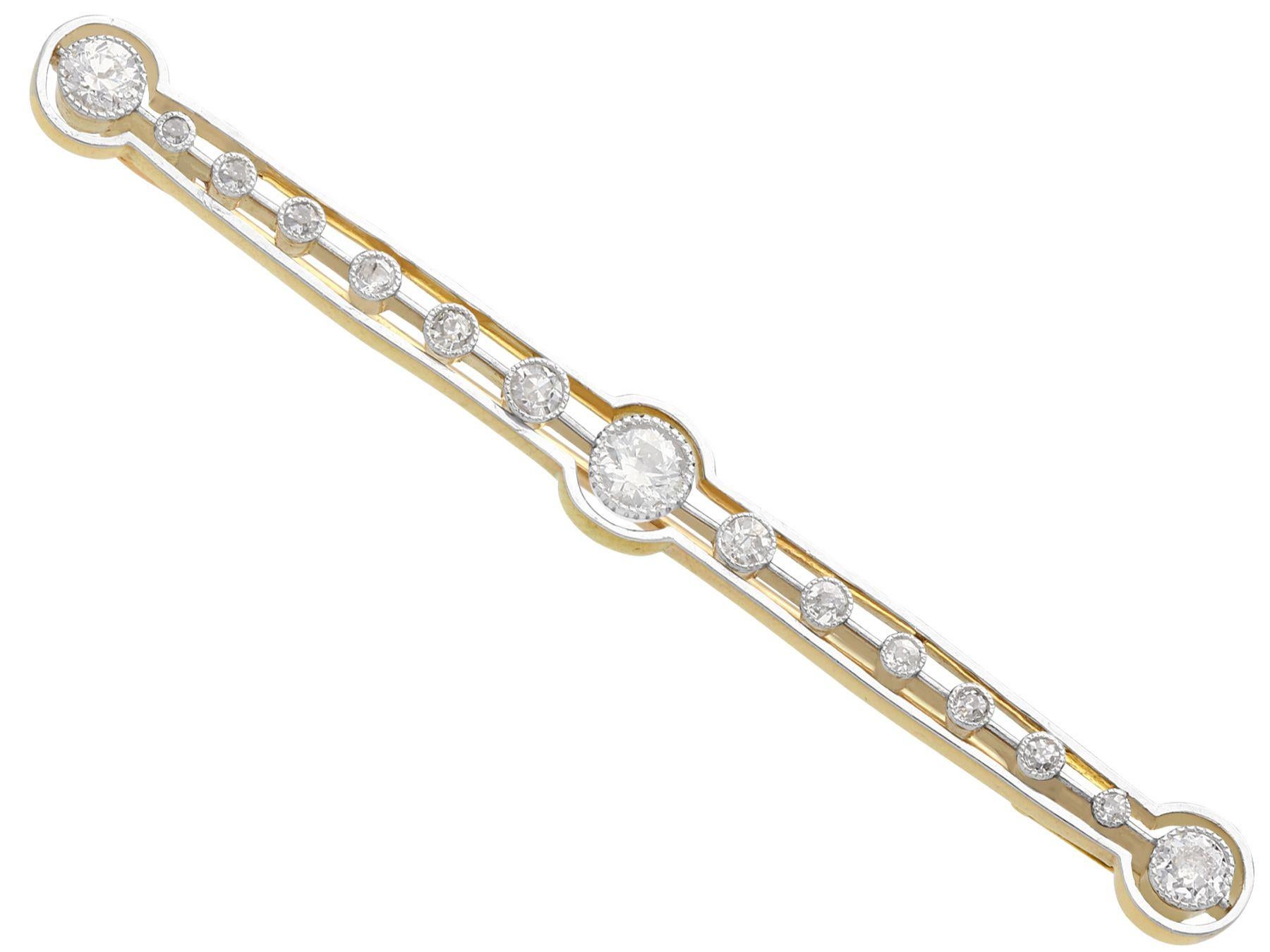 Round Cut Antique Diamond and Yellow Gold Bar Brooch For Sale