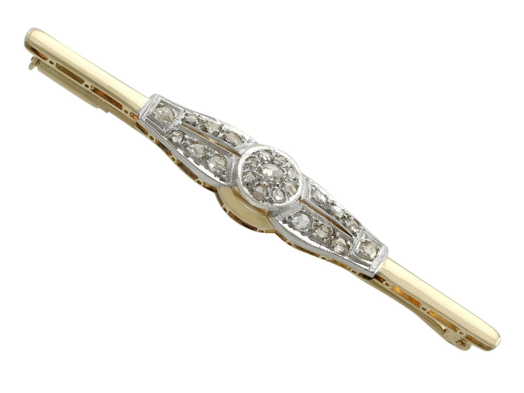 Round Cut Antique European Diamond and Yellow Gold Bar Brooch For Sale