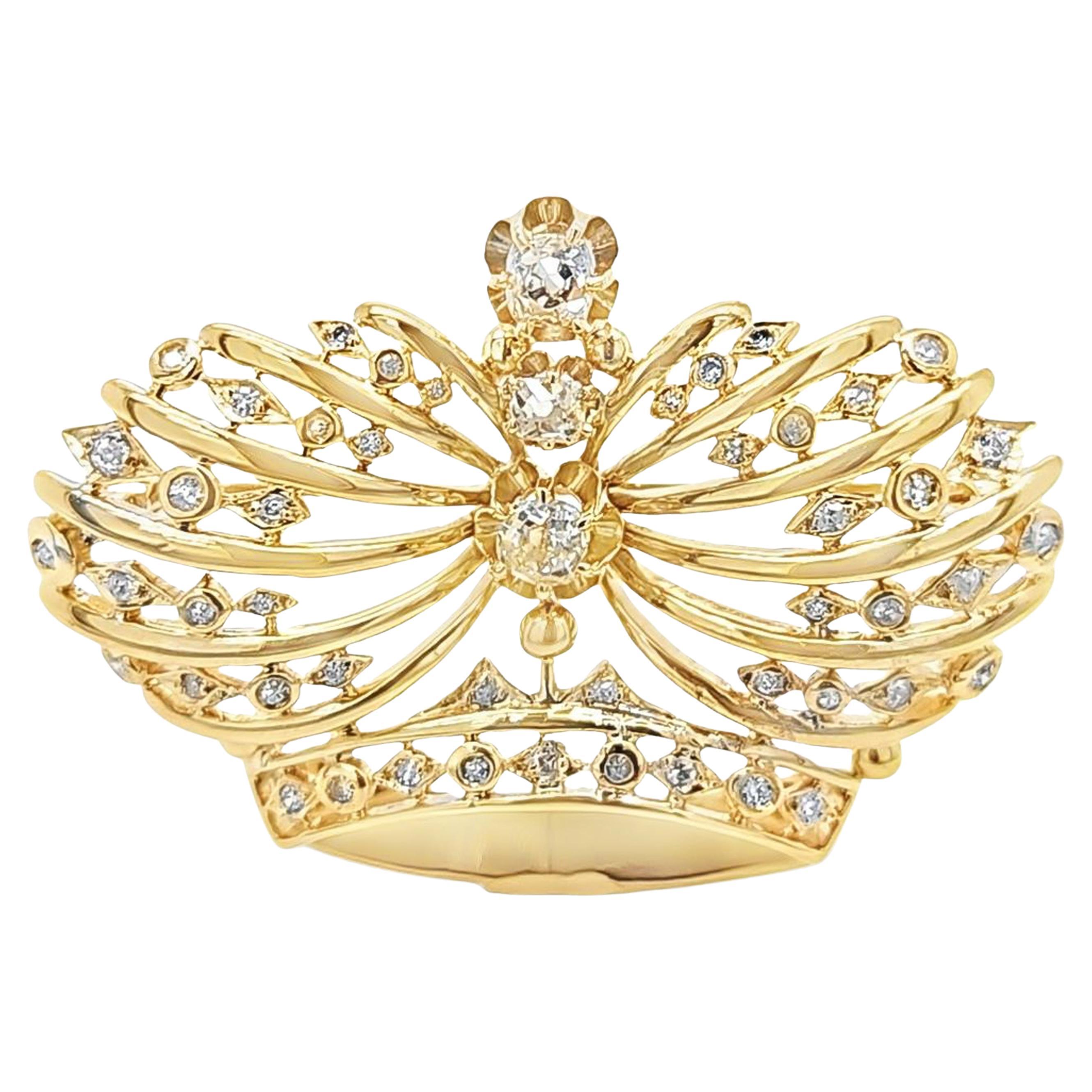 Antique Diamond and Yellow Gold Crown Brooch