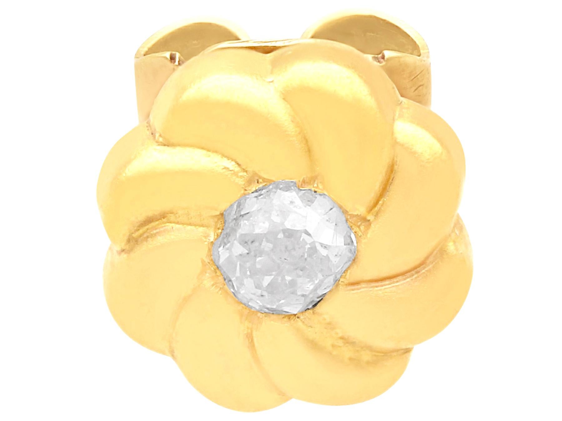 A fine and impressive pair of antique 0.12 carat diamond and 18 karat yellow gold stud earrings; part of our antique jewelry and estate jewelry collections.

These fine antique diamond earrings have been crafted in 18k yellow gold.

Each circular,