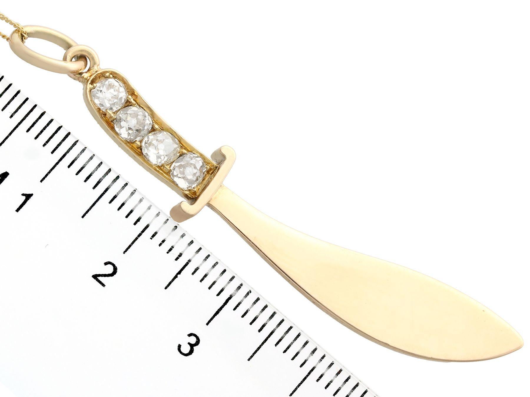 Old European Cut Antique Diamond and Yellow Gold Sword Pendant, circa 1900 For Sale