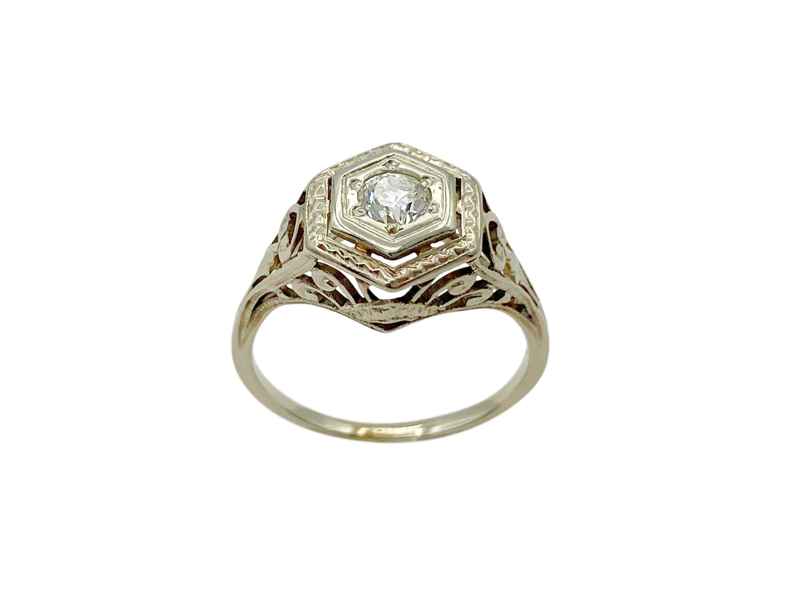 Old European Cut Antique Diamond Art Deco Gold Hexagon Filigree Milgrain 1920s Engagement Ring