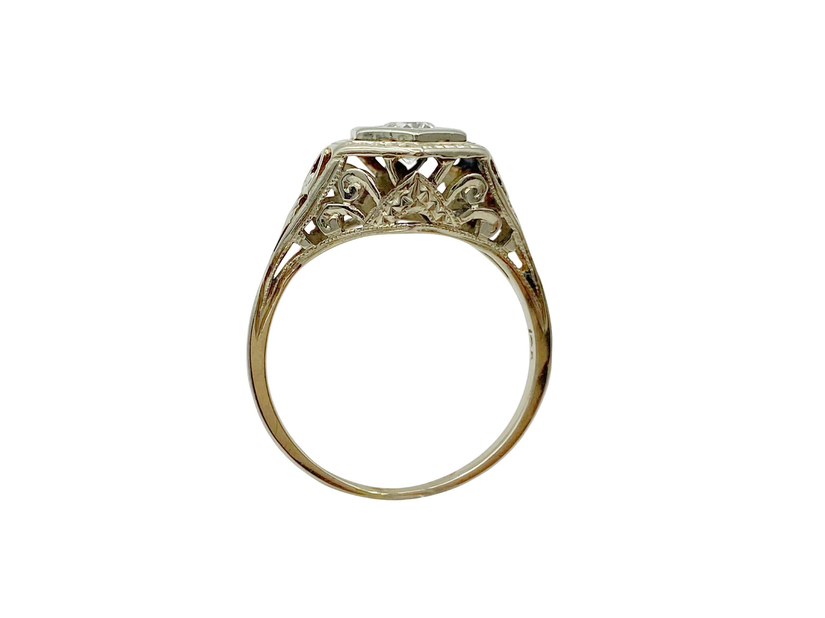 Women's Antique Diamond Art Deco Gold Hexagon Filigree Milgrain 1920s Engagement Ring