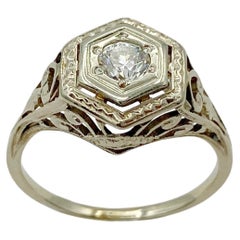Antique Diamond Art Deco Gold Hexagon Filigree Milgrain 1920s Engagement Ring