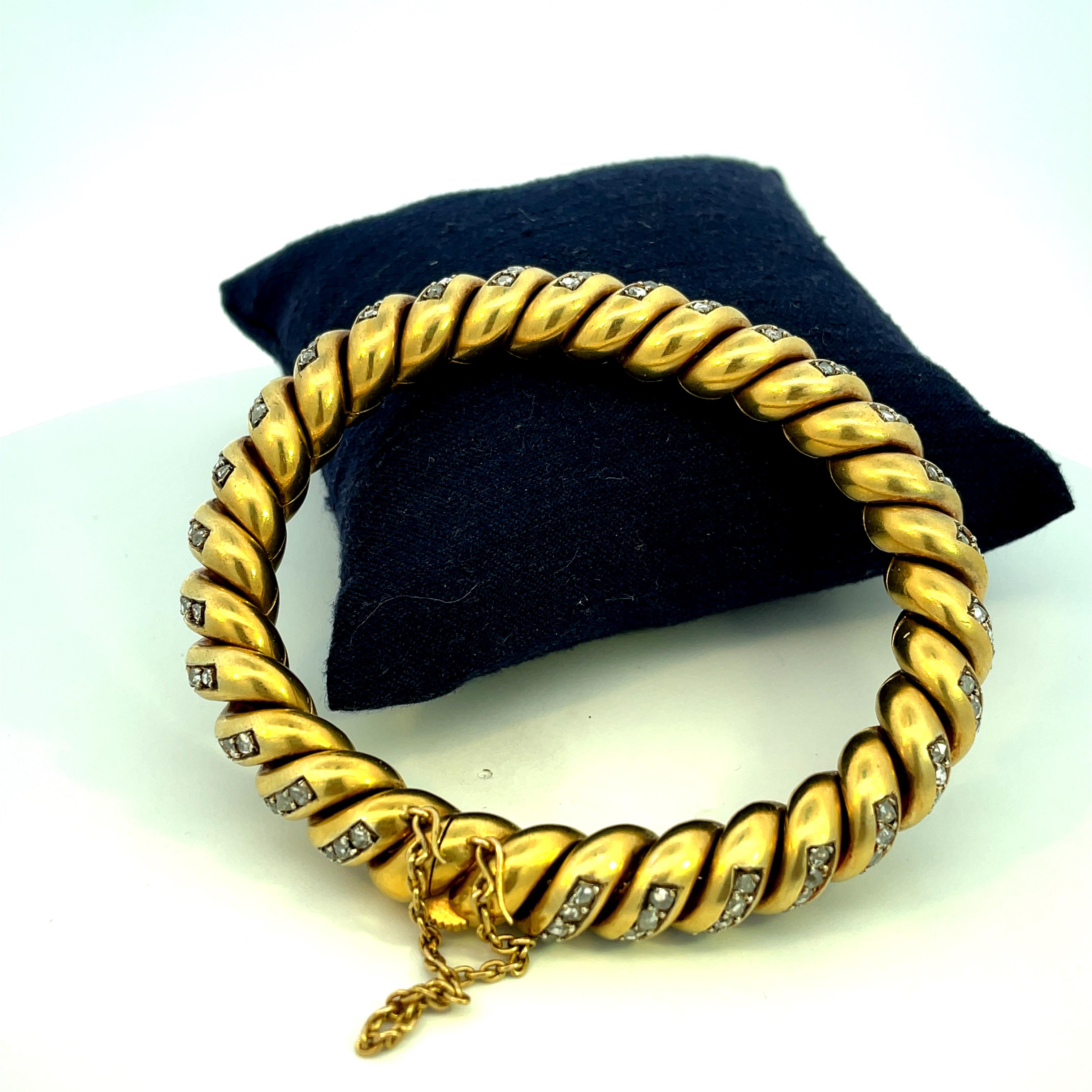 Rose Cut Antique Diamond Bangle Bracelet in Yellow Gold