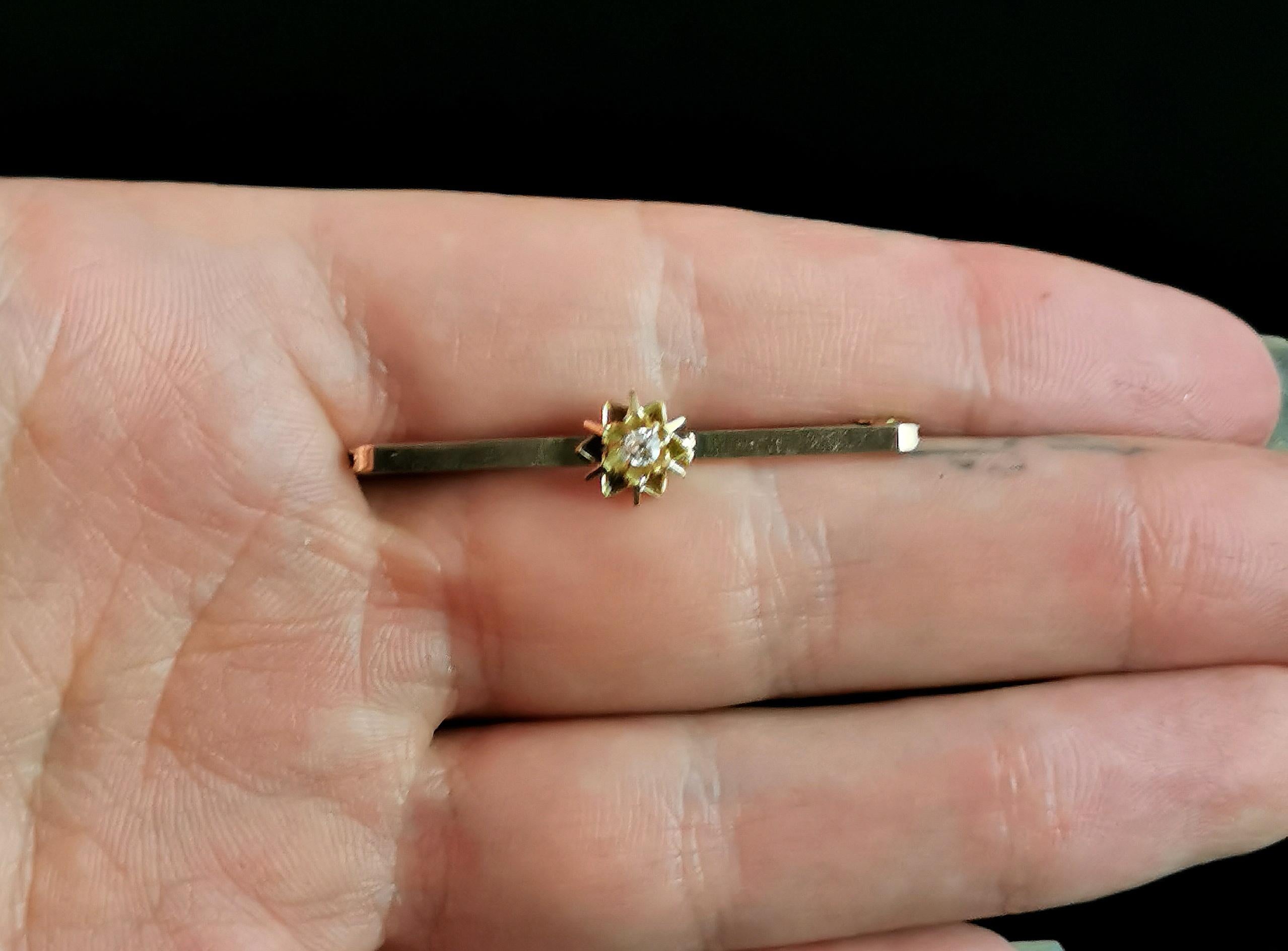 Antique Diamond Bar Brooch, 9k Yellow Gold For Sale 5