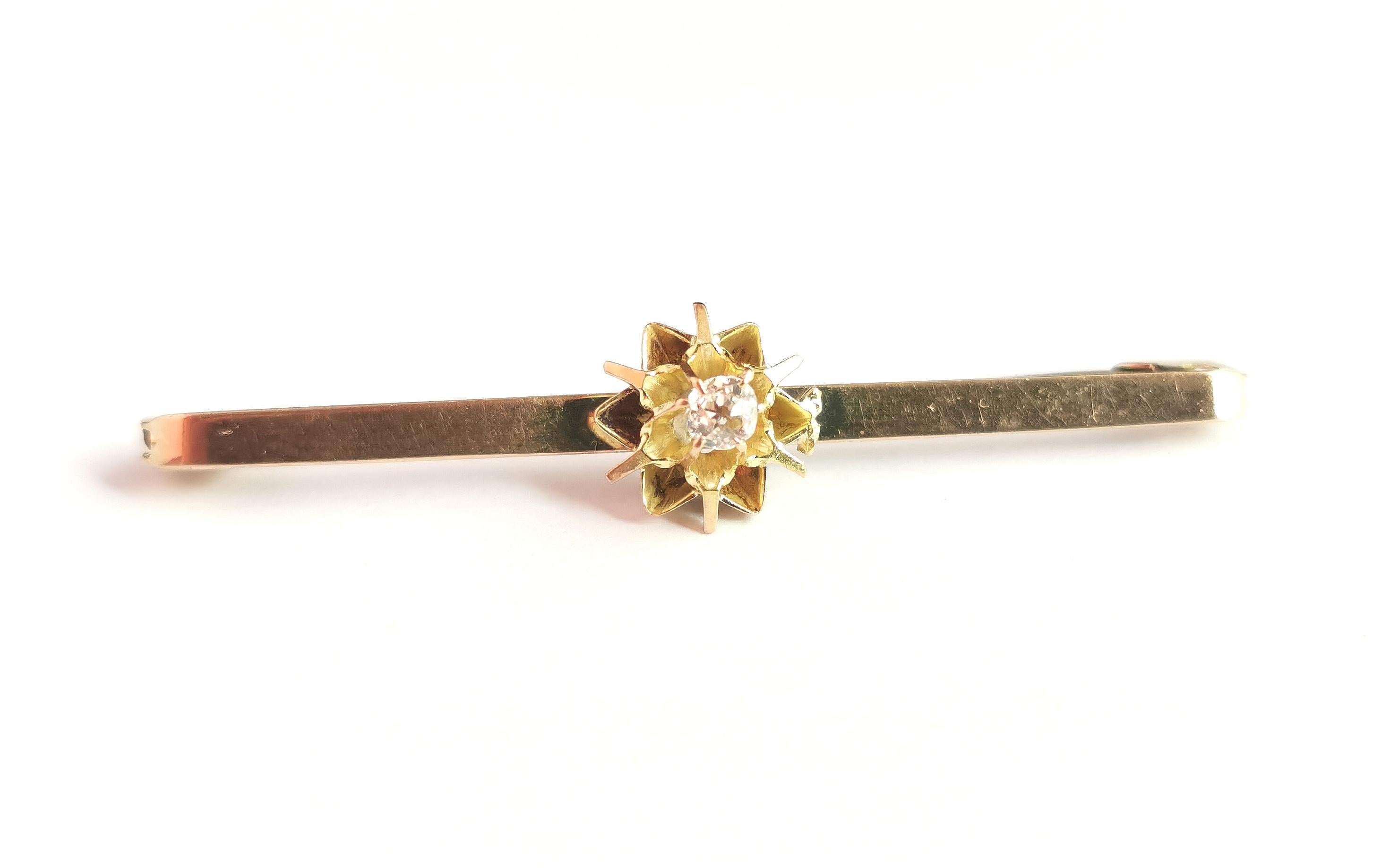 Antique Diamond Bar Brooch, 9k Yellow Gold For Sale 6