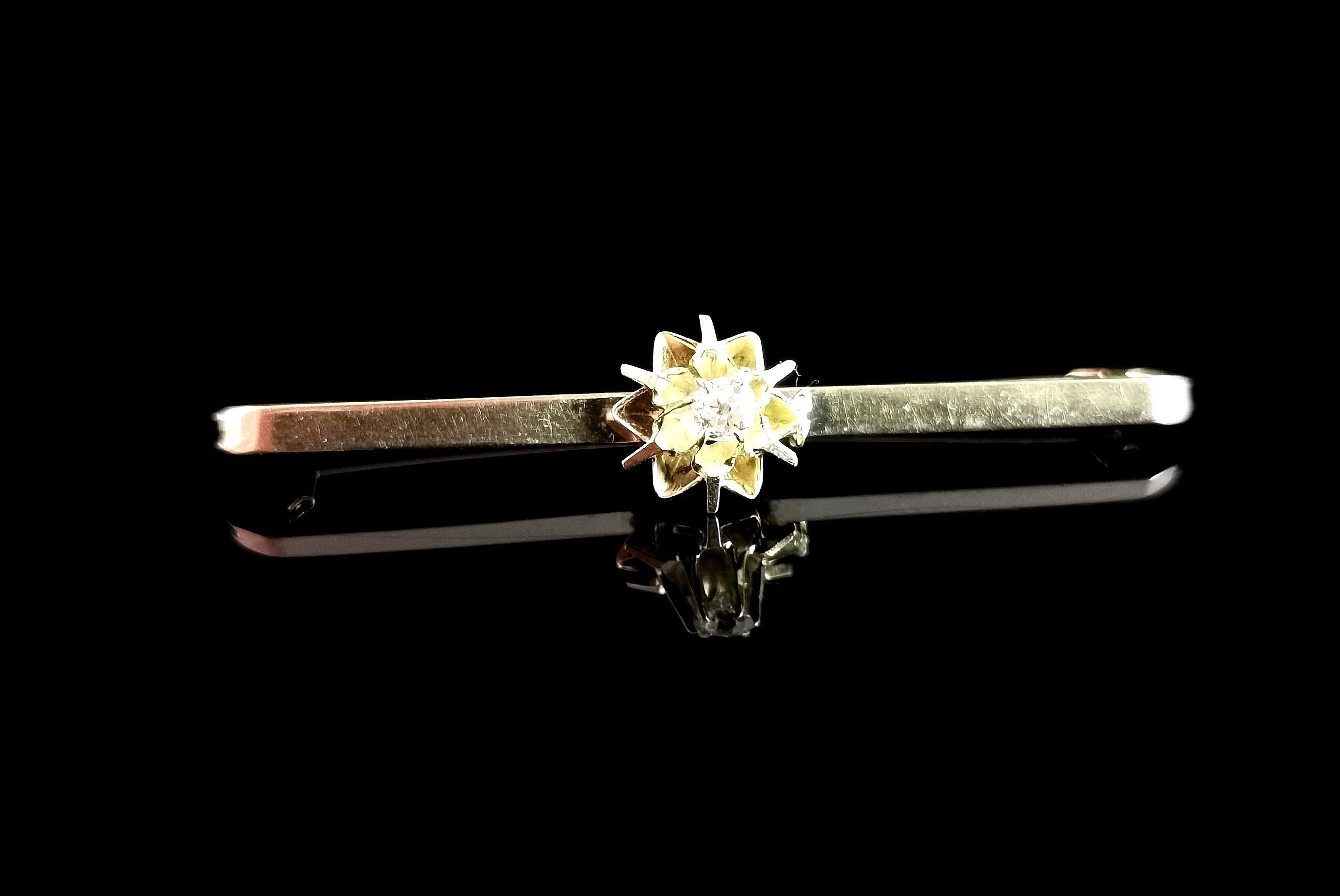 Antique Diamond Bar Brooch, 9k Yellow Gold For Sale 1