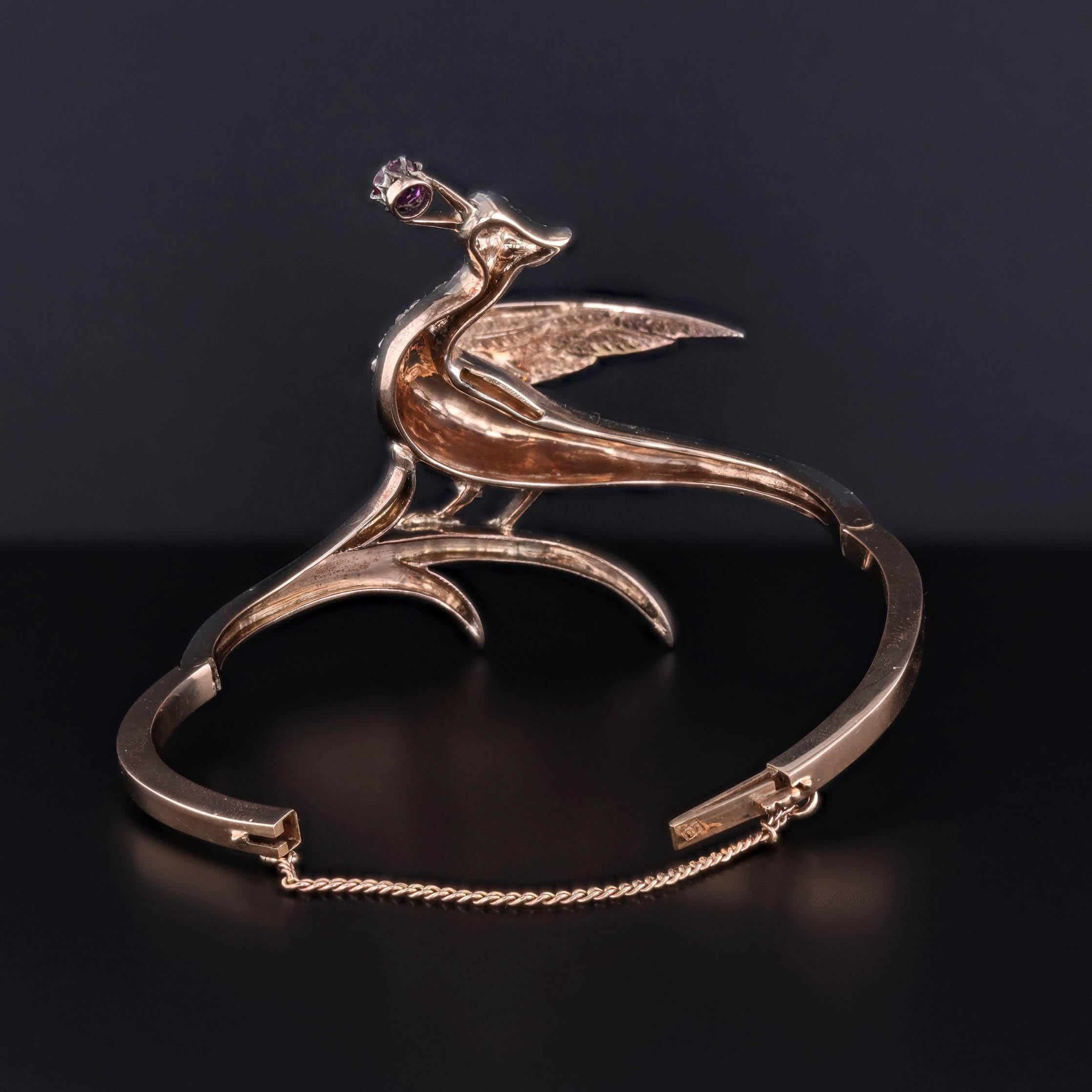 Taglio a rosa Bangle antico con uccello di diamanti in argento e oro 18 carati in vendita