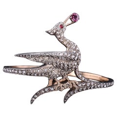 Antiker Diamant-Vogel-Armreif aus Silber mit Silberauflage aus 18k Gold