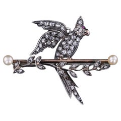 Antica spilla a forma di uccello con diamante in argento e oro 9ct