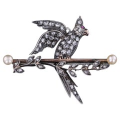 Broche ancienne en argent et or 9ct avec oiseau en diamant